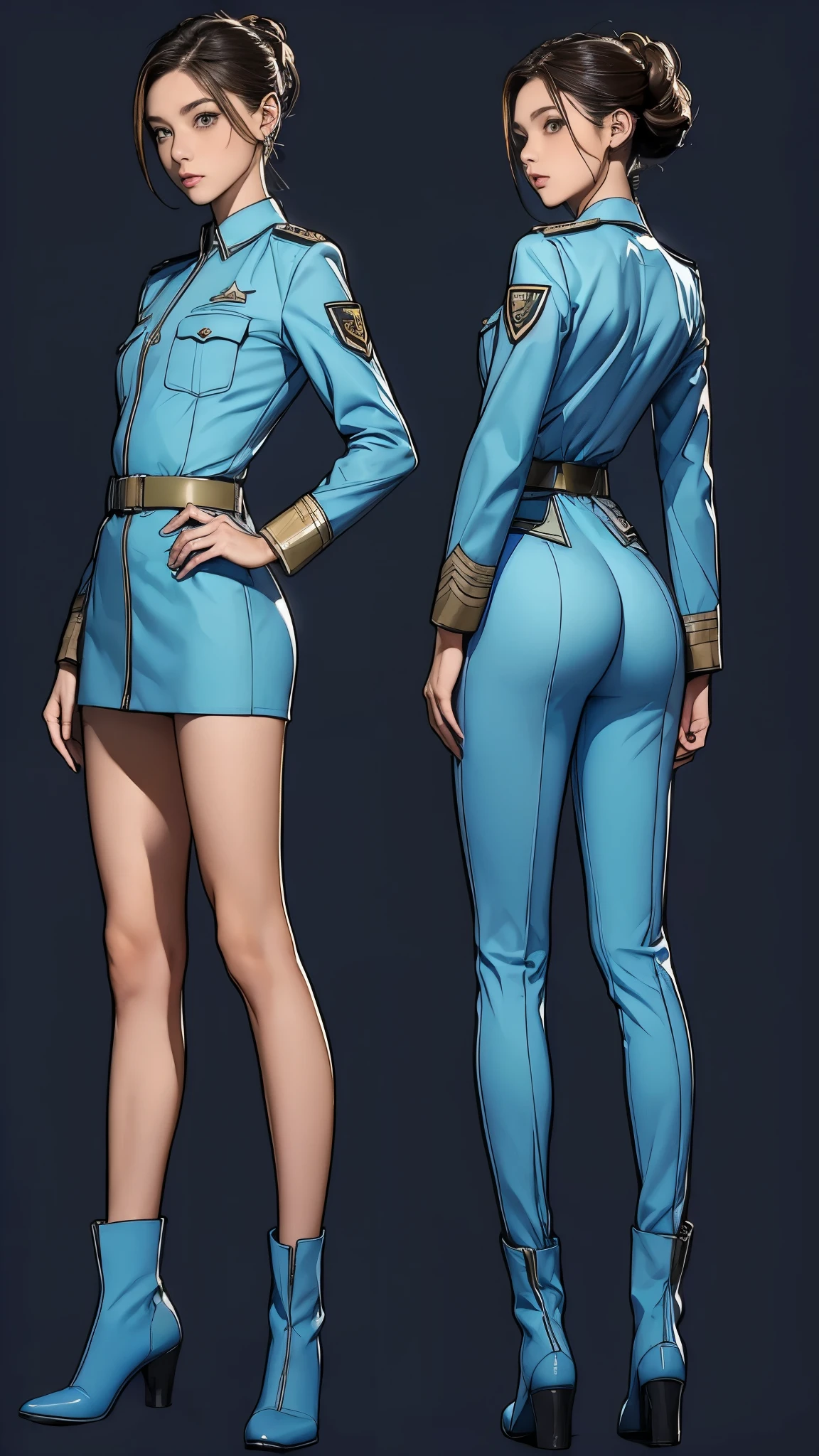 ((masterpiece)),(((highest quality))),((Reference Sheet, Character Design, front, return, ~ ~ side, Mr..々Hairstyle, Mr..々Performance, Facial Expressions)), 14-year-old girl, Cute type, (Very slim:1.4), (Very small ass:1.4), Realistic buttocks, Medium milk, Short brown hair,Thin thighs, Long legs, It's not a big deal,(A female Earth Federation officer is walking), (Wearing Earth Federation military uniform, White and light blue military uniform),(Worn by federal government employees'White Hat:1.5)