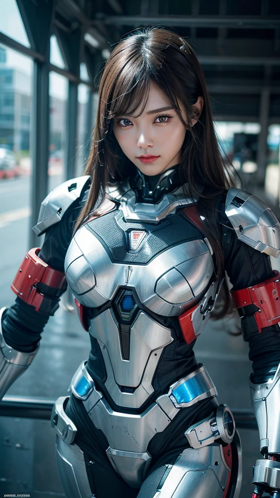 Textured skin, Super Detail, high details, High quality, Best Quality, hight resolution, 1080p, hard disk, Beautiful,(Iron Patriot),beautiful cyborg woman,Mecha Cyborg Girl,Battle Mode,Girl with a Mecha Body,She wears a futuristic Iron Patriot mech,Fulll Body Shot,A powerful cyborg woman, sleek and futuristic, with advanced mechanical augmentations that enhance her strength and capabilities.