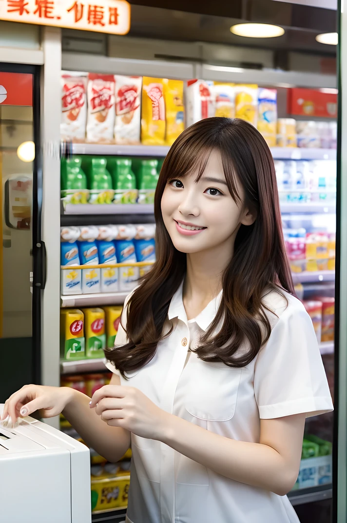 High resolution、The convenience store of the future、Convenience store clerk、30-year-old woman、Lots of products、Her skin is white and beautiful