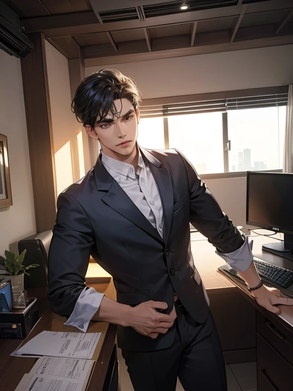 (melhor qualidade, obra de arte, 8k, fotorrealista, cinematic lighting, Imagem HDR, ultra detalhado, Imagem bonita), 1 homem, 31 anos, homem maduro, muito bonito, (without expression, serious), cabelo preto curto, olhos pretos ( olhar penetrante), postura imponente, homem de negocios, office background