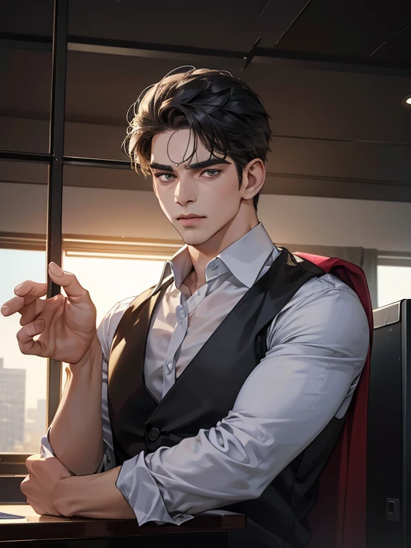 (melhor qualidade, obra de arte, 8k, fotorrealista, cinematic lighting, Imagem HDR, ultra detalhado, Imagem bonita), 1 homem, 31 anos, homem maduro, muito bonito, (without expression, serious), cabelo preto curto, olhos pretos ( olhar penetrante), postura imponente, homem de negocios, office background