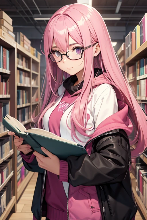 Create a age girl wearing prescription glasses with her long pink hair holding books