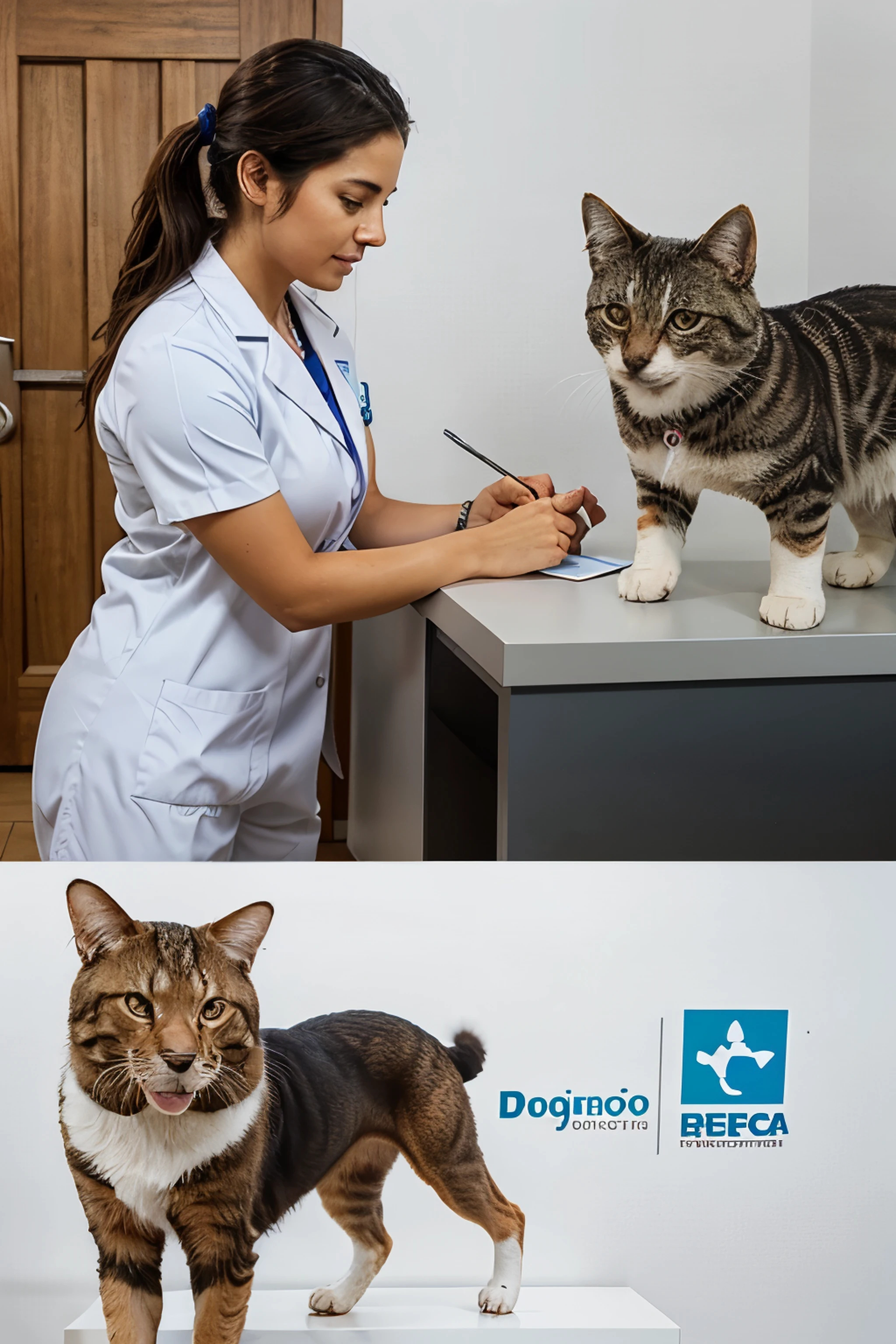 Crea un logo para un consultorio veterinario, que lleve como nombre DOGTOR MACAGUA, las letras  O del nombre que sean huellas (perro y gato)