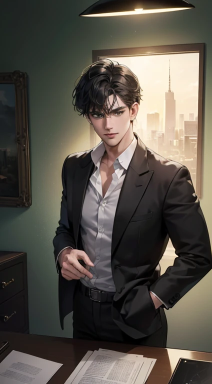 (best quality, masterpiece, 8K, photorealistic, cinematic lighting, 1:4 hdr image, top view, ultra detailed, beautiful image), a mature man, very handsome, short black hair, green eyes, perfect face without errors , ((buttoning his jacket, CEO))