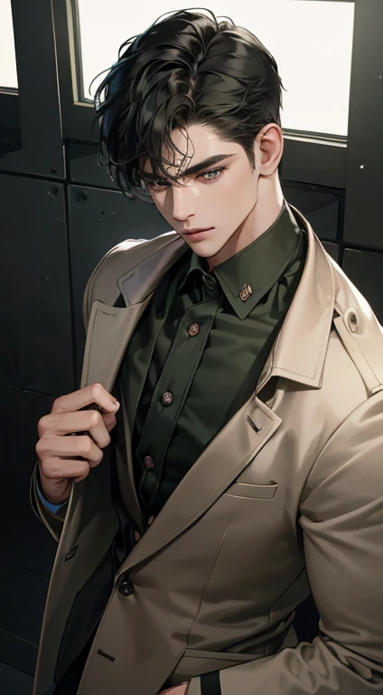 (best quality, masterpiece, 8K, photorealistic, cinematic lighting, 1:4 hdr image, top view, ultra detailed, beautiful image), a mature man, very handsome, short black hair, green eyes, perfect face without errors , ((buttoning his jacket, CEO))