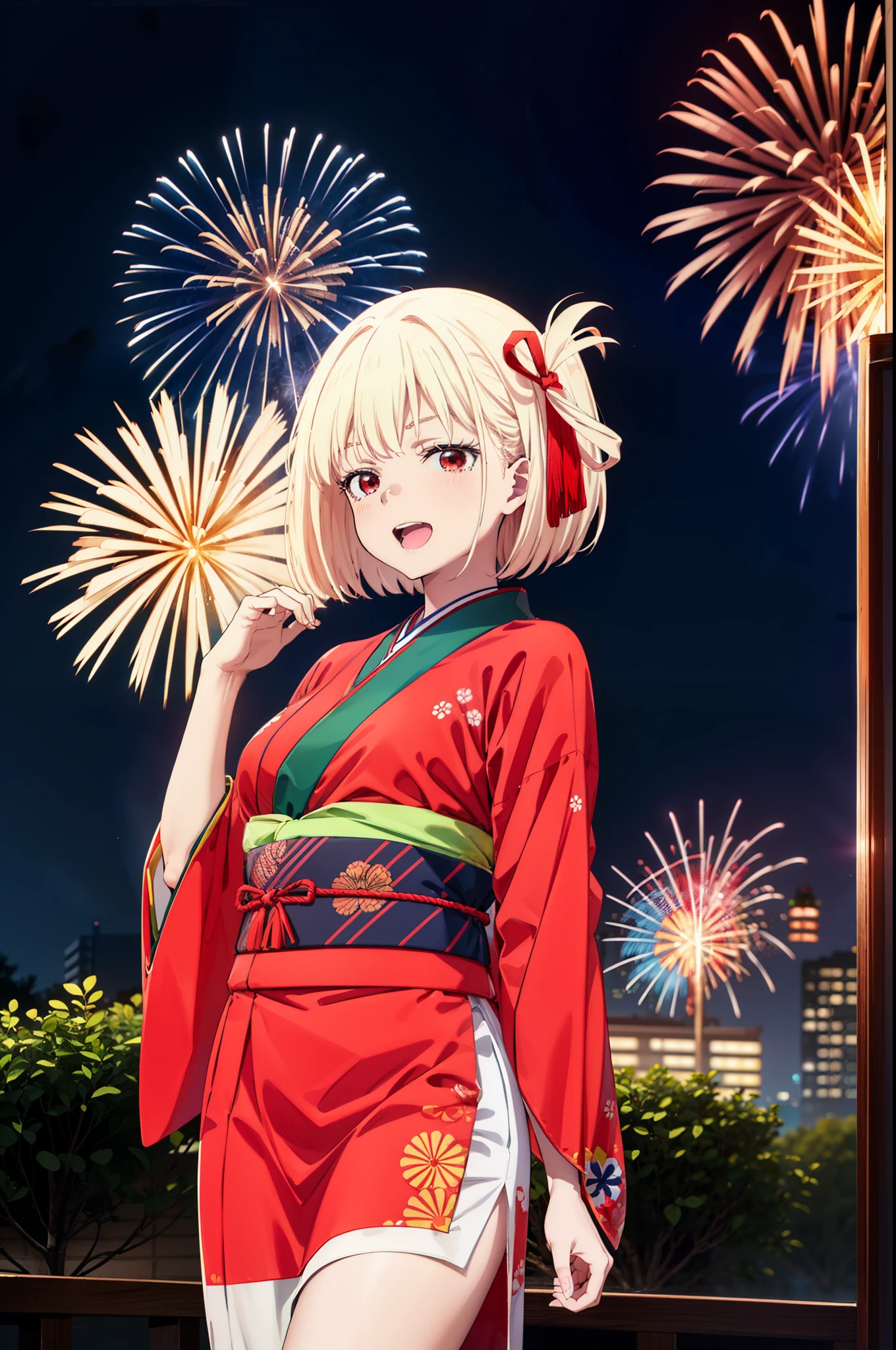 chisatonishikigi, Chisato Nishikigi, short hair, bangs, Blonde Hair, (Red eyes:1.5), Hair Ribbon, One side up, Bobcut,smile,Please open your mouth wide,
,red kimono,Thick sleeves、Sandals,日本のfestival,夏festivalの屋台、Red Lantern,Fireworks in the night sky,The place is a fireworks display,Time is night,whole bodyがイラストに入るように,Looking up from below、walk,
break outdoors, festival,shrine,
break looking at viewer,Upper Body, whole body(Cowboy Shot:1.5),
break (masterpiece:1.2), highest quality, High resolution, unity 8k wallpaper, (shape:0.8), (Beautiful details:1.6), Highly detailed face, Perfect lighting, Extremely detailed CG, (Perfect hands, Perfect Anatomy),