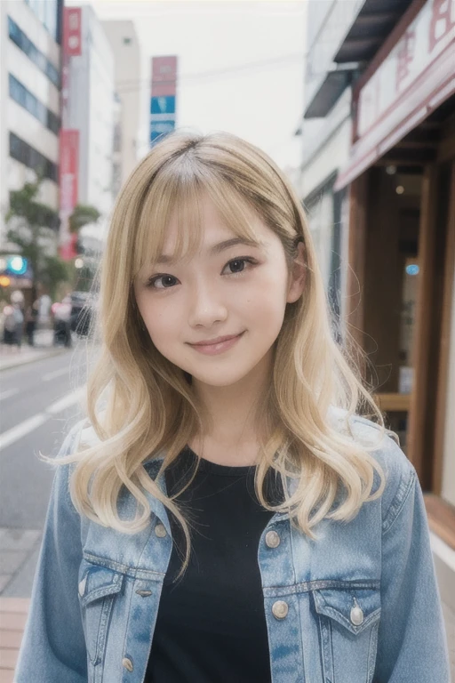 Studio Light, Depth of written boundary, Upper Body, thin, cute顔, smile, Beautiful details in the eyes, 19 year old Japanese, cute, Voluminous curls and warm blonde color, Plaza, casual