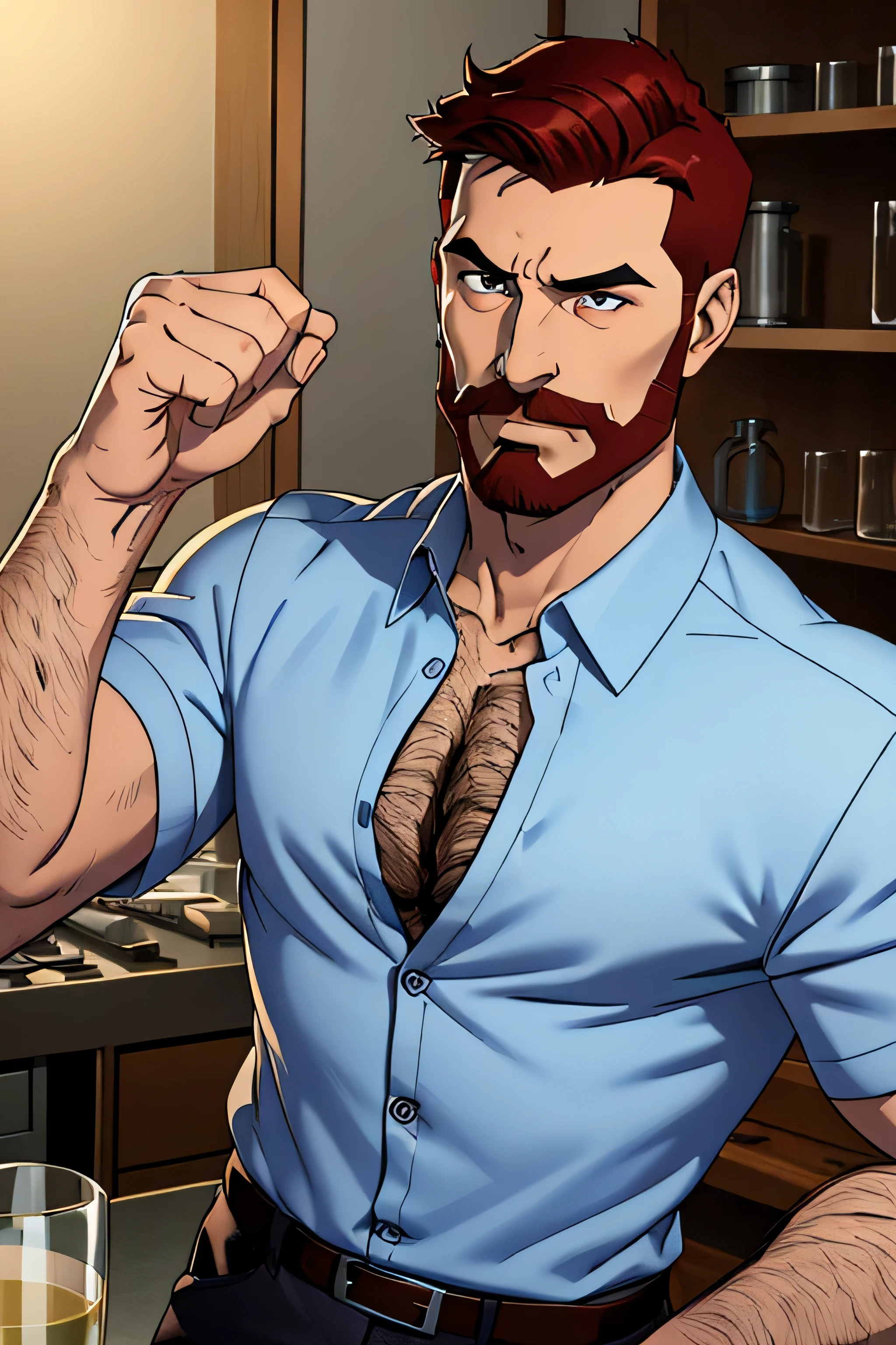 masterpiece, best quality, high resolution, sharp focus, ultra detailed, detailed face, high detailed face, detailed face and body, 1 man, 40 year-old male, middle-aged man, male focus, solo, standing, lean muscle, (thin:1.6), white skin, handsome, perfect face, (narrow face:1.4), (very short hair:1.6), (hair swept forward:1.6), (red hair:1.2), beard and mustache, black eyebrows, black eyes, mouth closed, serious facial expression, academic, nerdy, professorial, face focus, light blue button up shirt, (unbuttoned chest:1.6), hairy chest, pectoral lift, large pectorals, short sleeves, hairy forearms, hairy hands, narrow waist, brown trousers with belt, large bulge, background is laboratory counter with microscope and glass beakers
