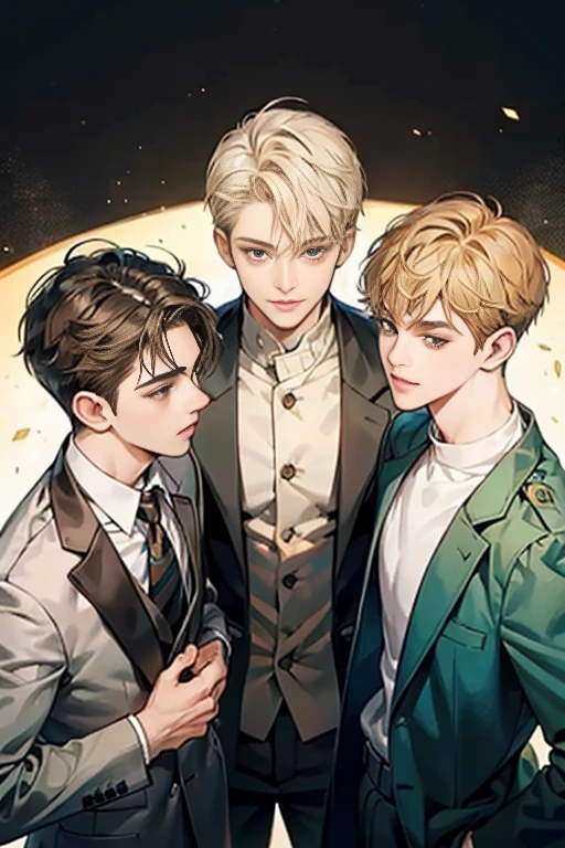 Friends, 3 boys, brothers, different hair color, short dark hair and brown eyes, short blonde hair and green eyes, short brown hair and brown eyes, side by side, suit, smile, white clothe, 25 years old