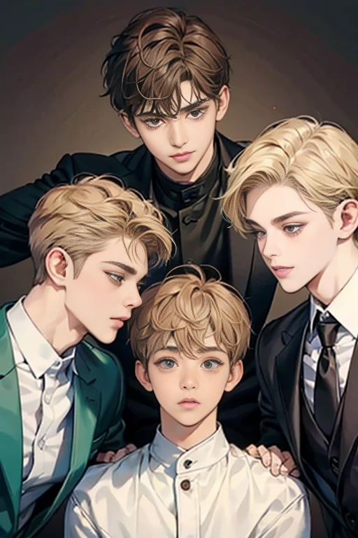 Friends, 3 boys, brothers, different hair color, short dark hair and brown eyes, short blonde hair and green eyes, short brown hair and brown eyes, side by side, suit, smile, white clothe, 25 years old