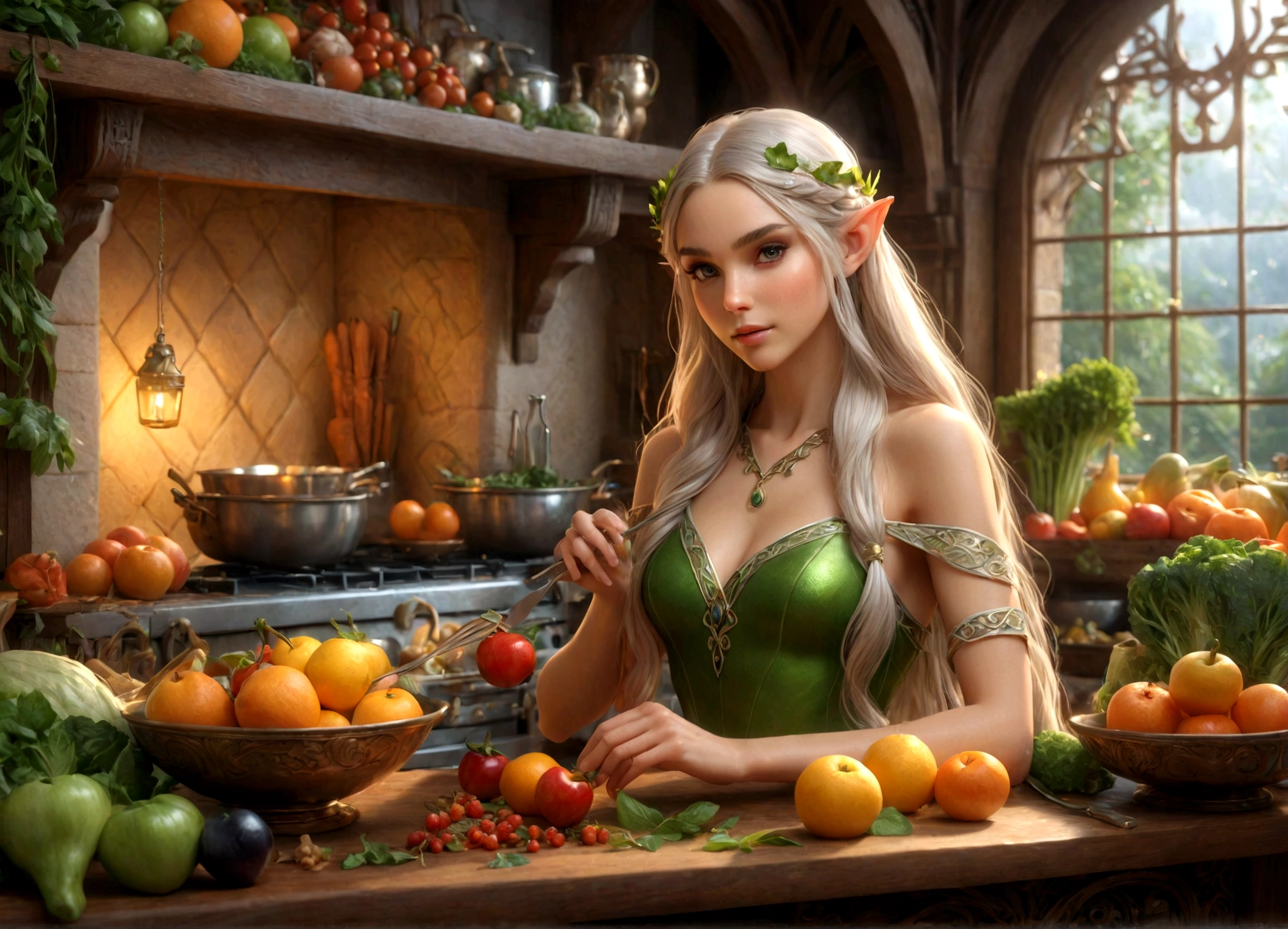 a lean gorgeous elf woman, long hair, sheer slip, working in an elven ornate kitchen, carefully carving fruits and vegetables into a delicate petite meal, (best quality,4k,8k,highres,masterpiece:1.2),ultra-detailed,(realistic,photorealistic,photo-realistic:1.37),HDR,UHD,studio lighting,ultra-fine painting,sharp focus,physically-based rendering,extreme detail description,professional,vivid colors,fantasy,concept art,warm lighting,natural colors