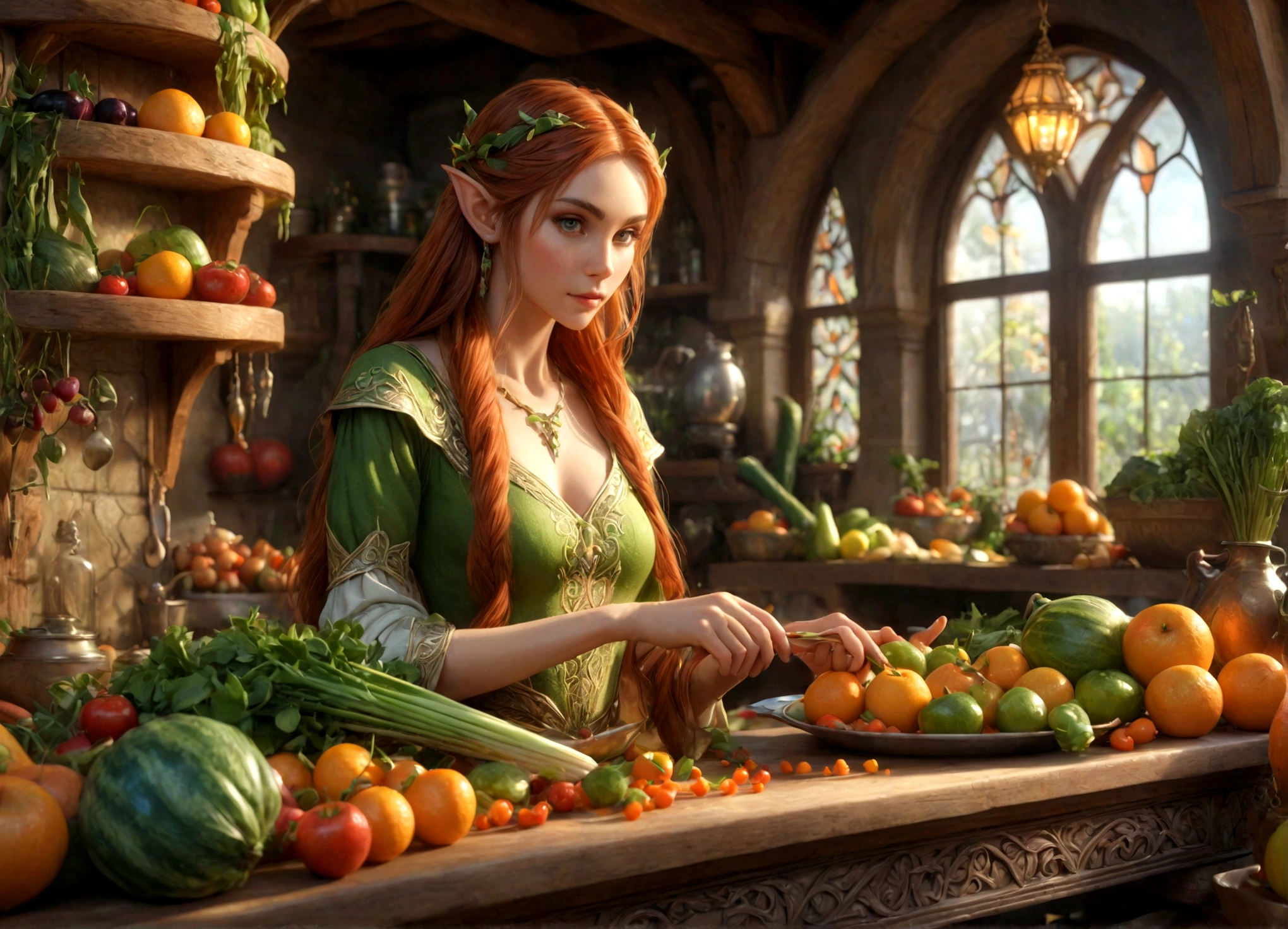 a lean gorgeous elf woman, long hair, sheer slip, working in an elven ornate kitchen, carefully carving fruits and vegetables into a delicate petite meal, (best quality,4k,8k,highres,masterpiece:1.2),ultra-detailed,(realistic,photorealistic,photo-realistic:1.37),HDR,UHD,studio lighting,ultra-fine painting,sharp focus,physically-based rendering,extreme detail description,professional,vivid colors,fantasy,concept art,warm lighting,natural colors