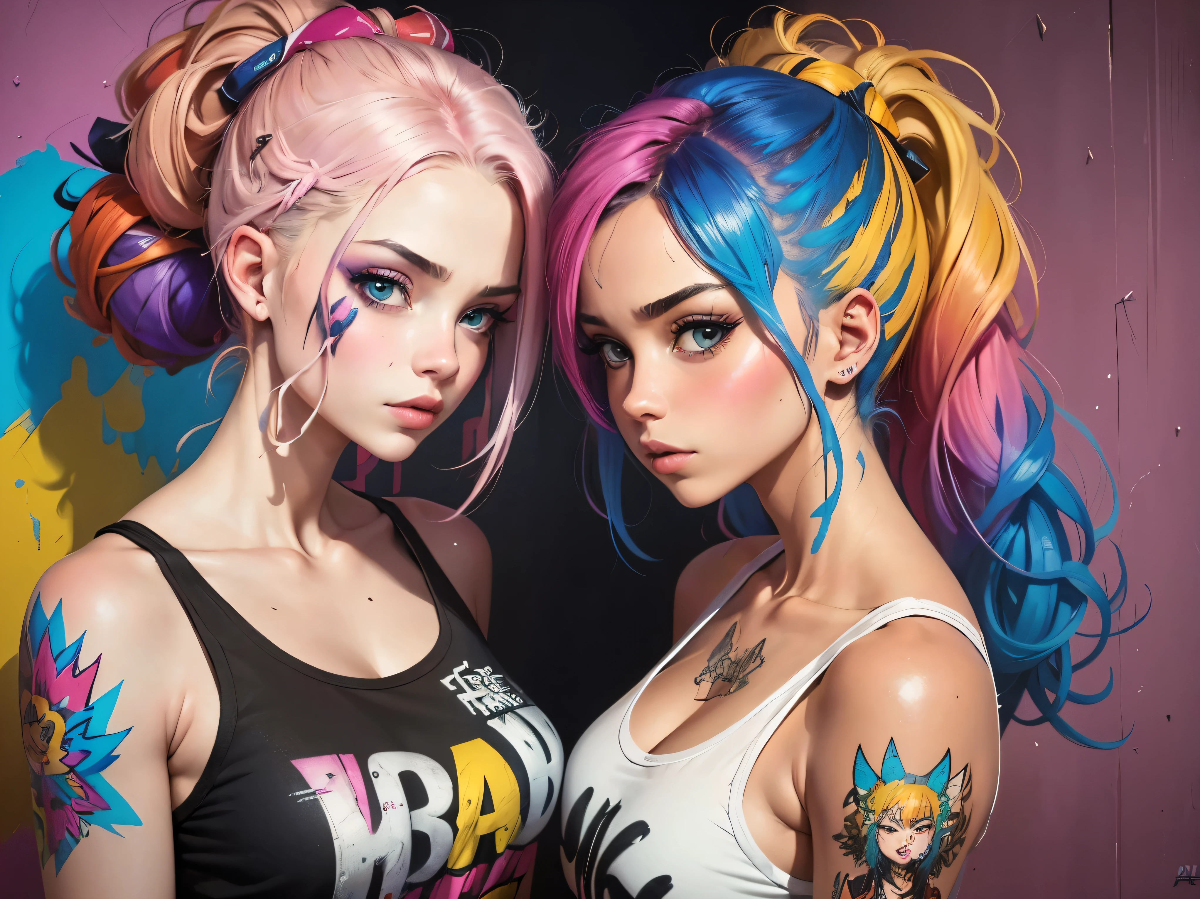 a painting of 2girls with colorful hair and a white tank top, graffiti art inspired by Sandra Chevrier, trending on Artstation, street art, art of alessandro pautasso, beautiful art uhd 4 k, detailed painting 4 k, expressive beautiful painting, street art 8 k, stunning art style, colorful art, stunning artwork, beautiful digital artwork, stunning painting