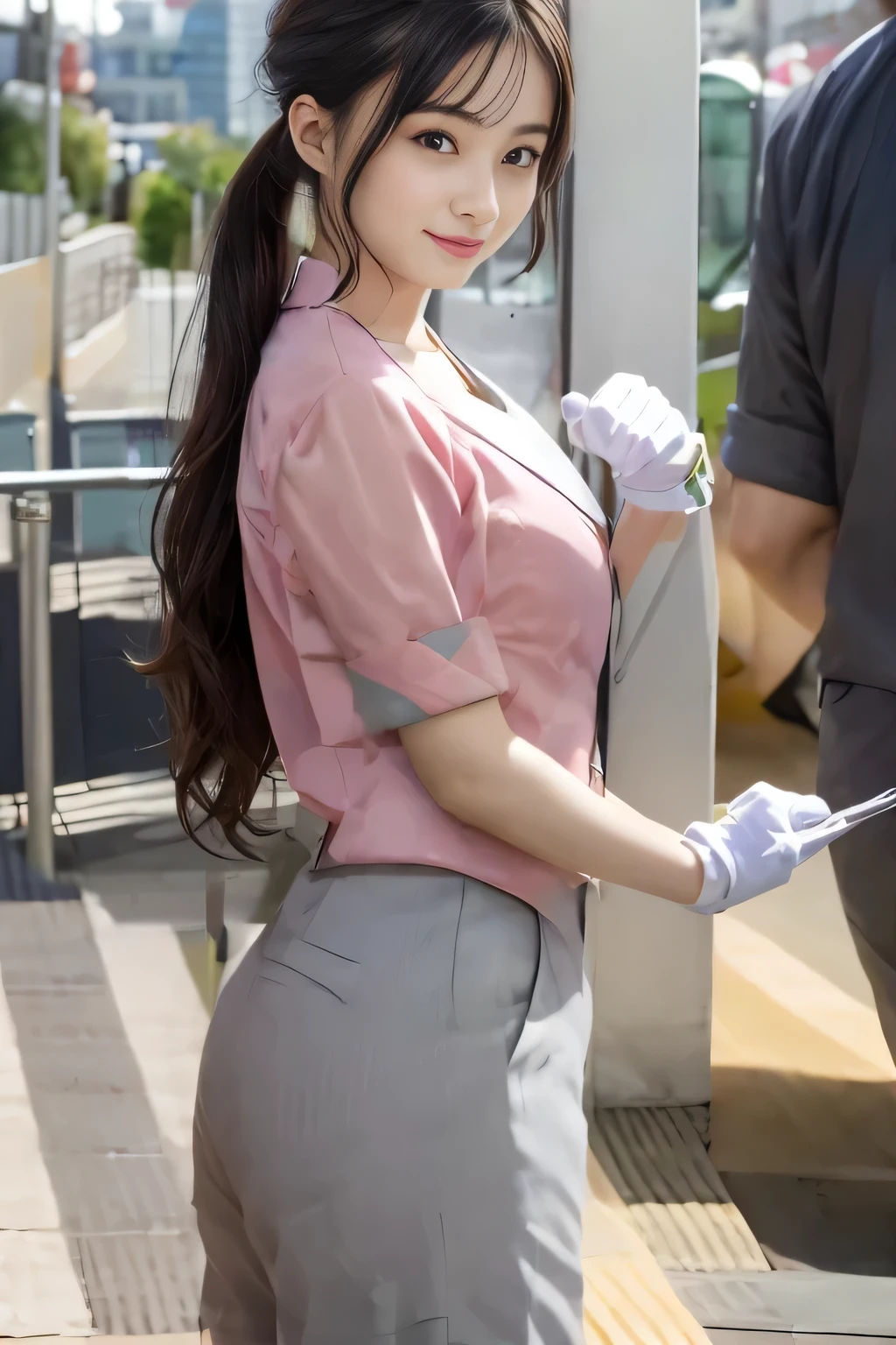 (masterpiece:1.2, highest quality:1.2), 32K HDR, High resolution, (alone、1 girl)、(On the rooftop of a building in the daytime、Professional Lighting)、Building rooftop background、(Nankai train crew uniform pinkを着たリアルスタイル)、(Nankai train crew uniform pink short sleeve pink jacket、Nankai Train Crew Uniform Pink Collarless Short Sleeve Blouse、Nankai Train Crew Uniform Pink Grey Knee-length Culottes)、Dark brown hair、(Hair tied up、Hair Bun、Hair Bun)、Dark brown hair、Long Shot、Big Breasts、Thin legs、((Great hands:2.0)),((Harmonious body proportions:1.5)),((Normal limbs:2.0)),((Normal finger:2.0)),((Delicate eyes:2.0)),((Normal eyes:2.0)))、smile、(Nankai Train Crew Uniform Pink Grey Knee-length Culottesを見せた美しい歩く姿)、Keep your hands natural、Wearing gloves、I'm not carrying anything