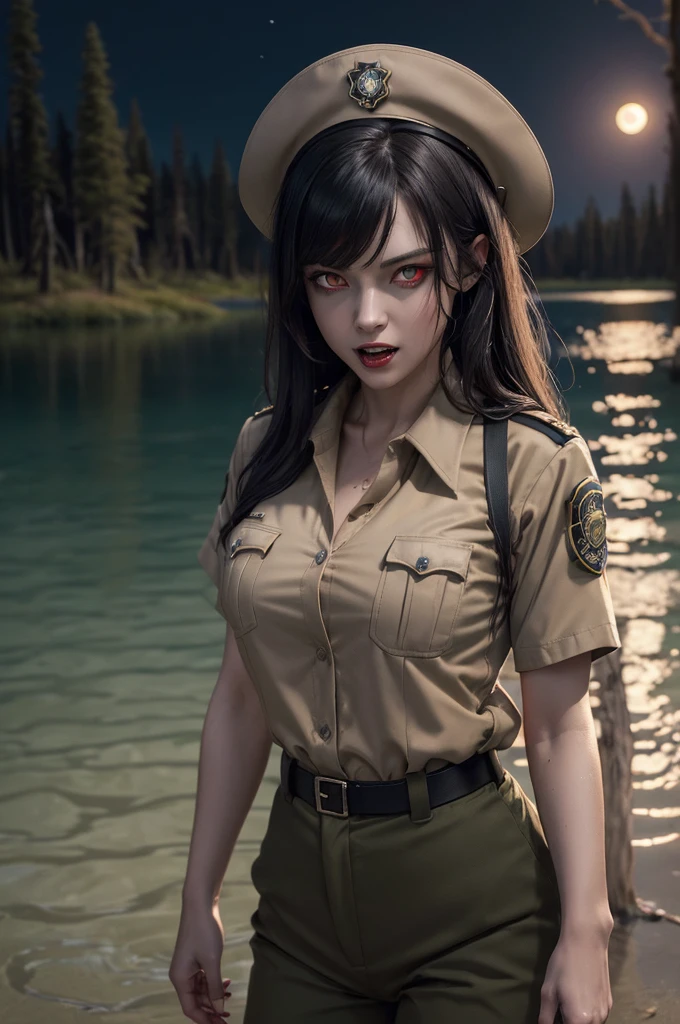(((night, moonlight))) ((a deserted lake)) Vampire woman, (((red eyes and fangs))), pale skin, (((park ranger uniform, beige National Park uniform, short sleeves)))), sexy, (open shirt, cleavage, NSFW), (open mouth, blood on mouth), (evil grin), looking at viewer, ((full figure)), (standing in lake), sopping wet, style of a painted book illustration, blues and purples, dramatic lighting, ((depth of field)), ((masterpiece)), ((best quality)), ((highly detailed)), horror theme