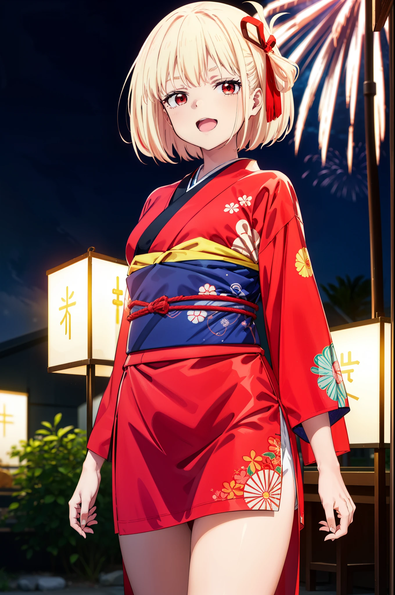 chisatonishikigi, Chisato Nishikigi, short hair, bangs, Blonde Hair, (Red eyes:1.5), Hair Ribbon, One side up, Bobcut,smile,Please open your mouth wide,
,red kimono,Thick sleeves、Sandals,日本のfestival，夏festivalの屋台、Red Lantern,Fireworks in the night sky,The place is a fireworks display,Time is night,whole bodyがイラストに入るように,Looking up from below、walk,
break outdoors, festival,shrine,
break looking at viewer,Upper Body, whole body(Cowboy Shot:1.5),
break (masterpiece:1.2), highest quality, High resolution, unity 8k wallpaper, (shape:0.8), (Beautiful details:1.6), Highly detailed face, Perfect lighting, Extremely detailed CG, (Perfect hands, Perfect Anatomy),