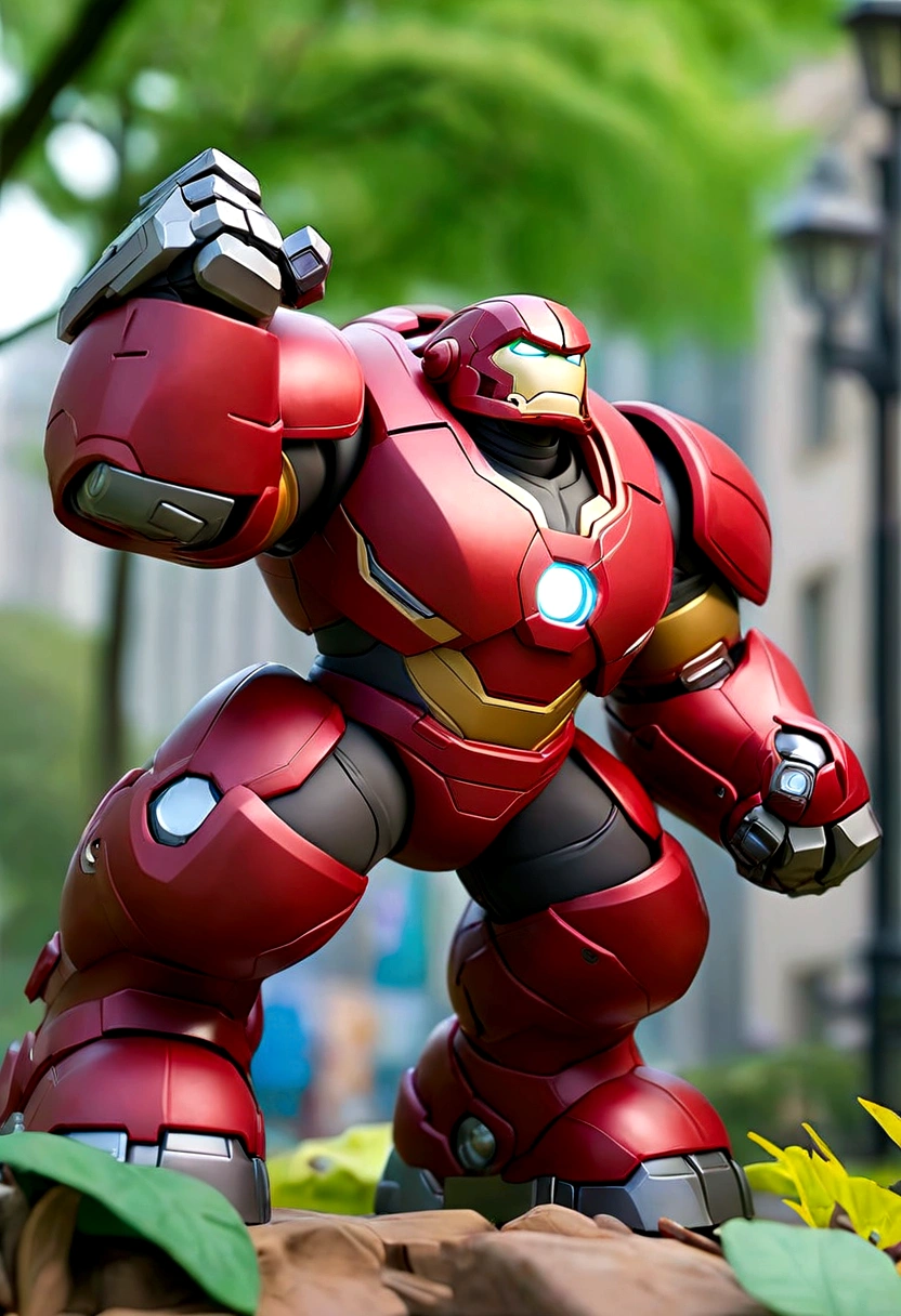 a gatotkaca x hulkbuster  figure, mobile legend hero, wear dirty cloak, IN THE CITY PARK, black steel mecha accent, hero pose, bird eye view, holding a sword, dieter ram style, trees