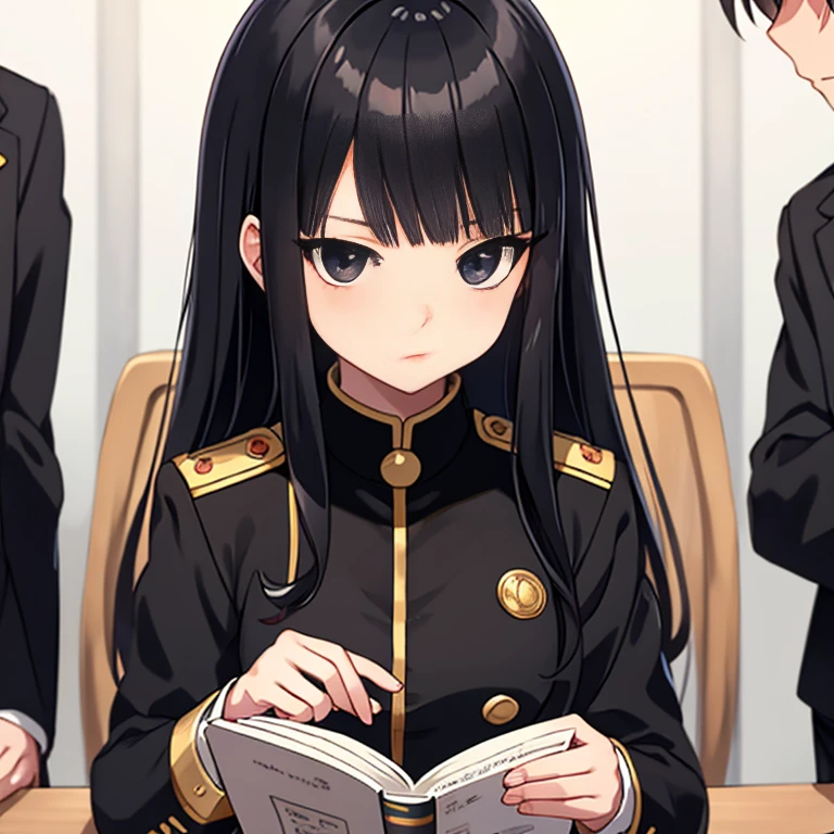 anime girl, all black uniform, gold buttons, long skirt, long black hair with bangs, black eyes, beautiful, small breasts, stoic, slender, calm, at school campus, reading notes, downcast eyes