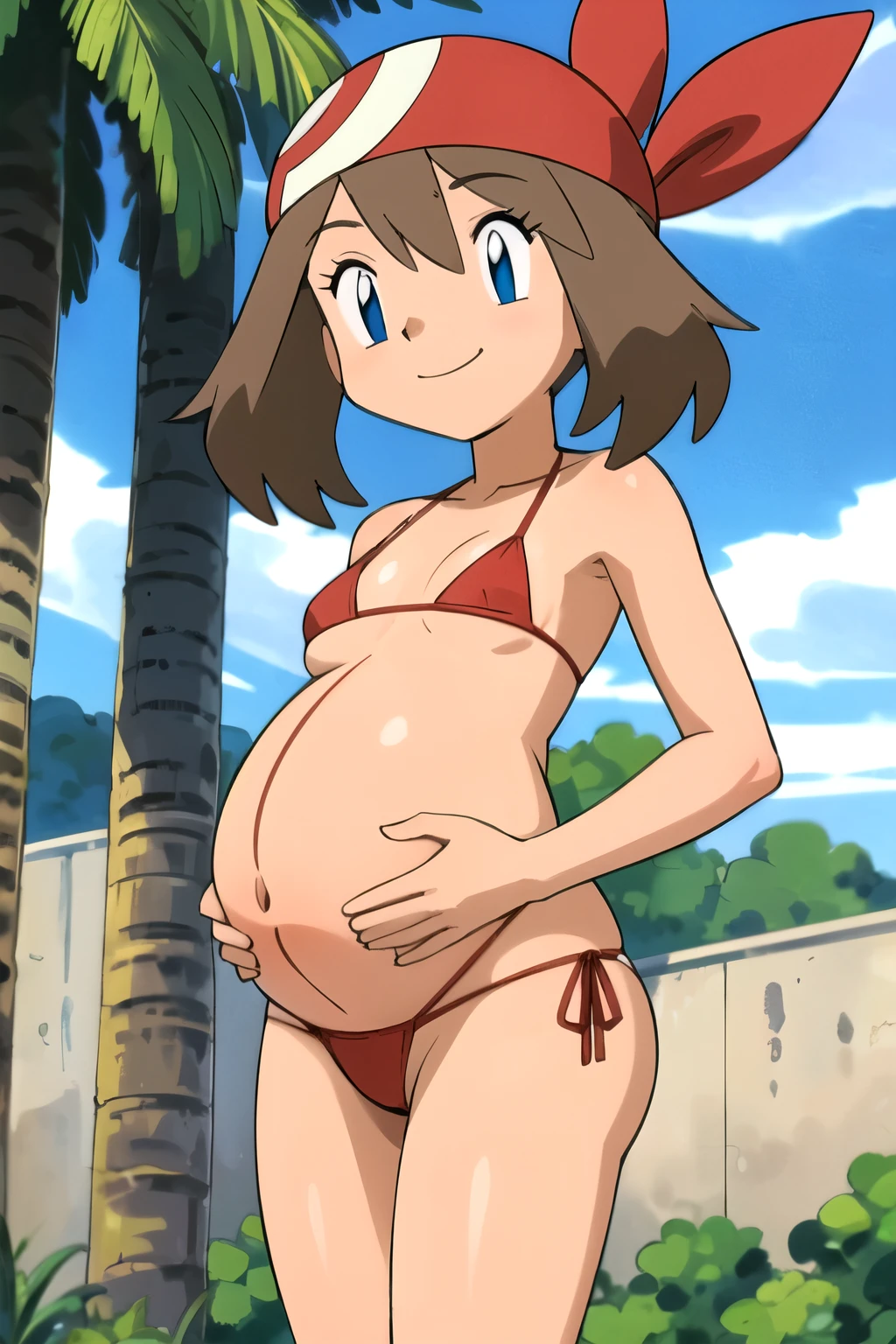 masterpiece, best quality, highres, outdoors, 1girl, solo, may (pokemon), bandana, red shirt, bare shoulders, pregnant, embarazada, vientre de embarazo, barriga de embarazada. Bikini, microbikini, micro bikini, bikini rojo, embarazada, barriga de embarazada, sonrisa, sonrisa timida, mirada tranquila. 