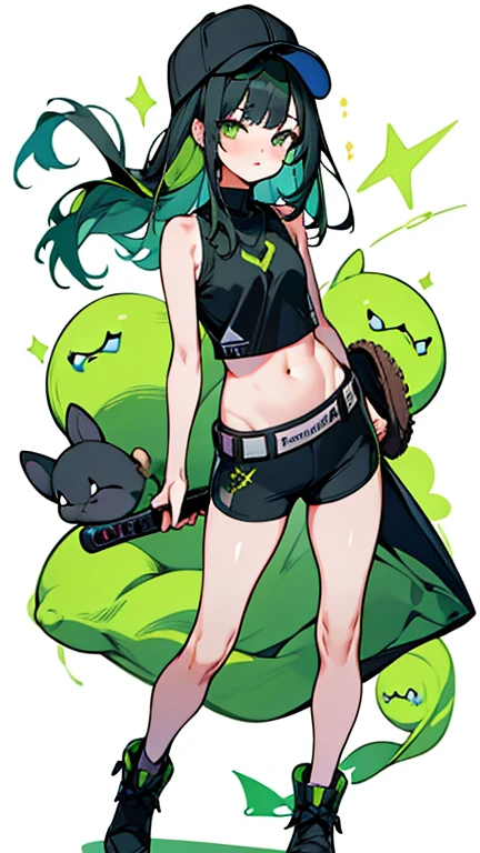 Saori_greenarchive, bedazzling eye, exposed Stomach, 露出したbelly button, Naked tummy, length_hair, 前hair, green_eye, black_hair, Hello, have, chest, baseball_cap, Sleeveless, green_hair, black_Have, belly button, Stomach, big_chest, Sparkling, Starlight、white background, full body