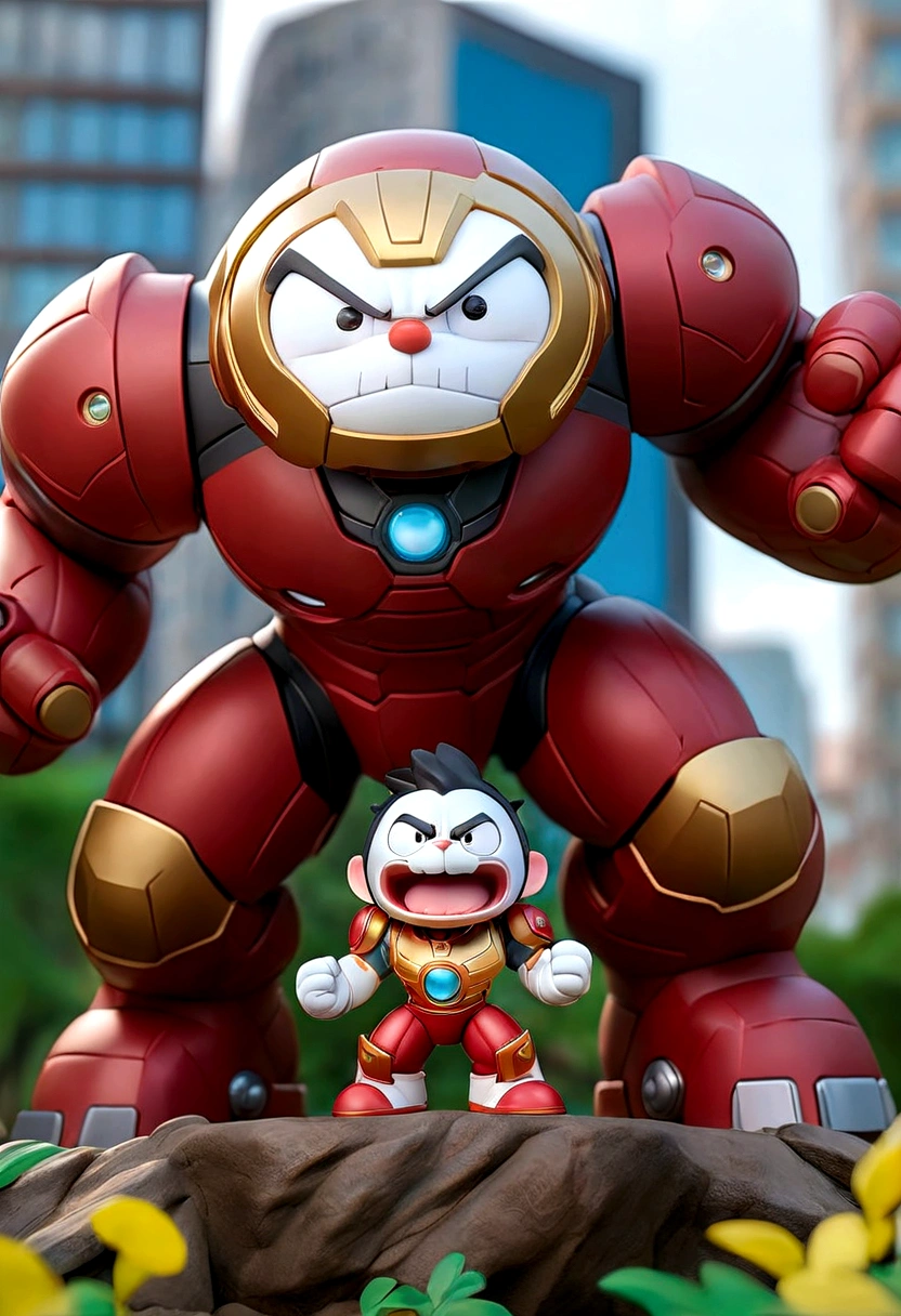 a doraemon x hulkbuster figure, mobile legend hero, wear dirty cloak, IN THE CITY PARK, black steel mecha accent, hero pose, bird eye view, holding a sword, dieter ram style, trees
