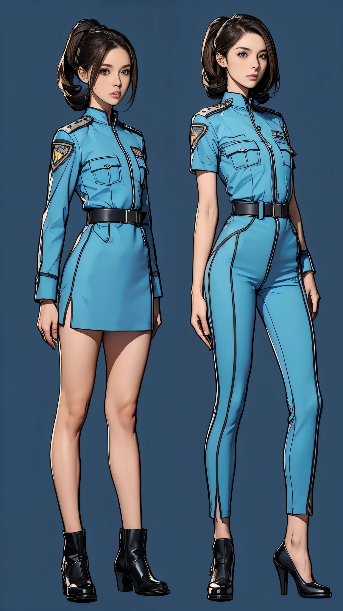 ((masterpiece)),(((highest quality))),((Reference Sheet, Character Design, front, return, ~ ~ side, Mr..々Hairstyle, Mr..々Performance, Facial Expressions)), 14-year-old girl, Cute type, (Very slim:1.4), (Very small ass:1.4), Realistic buttocks, Medium milk, Short brown hair,Thin thighs, Long legs, It's not a big deal,(A female Earth Federation officer is walking), (Wearing Earth Federation military uniform, White and light blue military uniform),(Worn by federal government employees'White Hat:1.5)