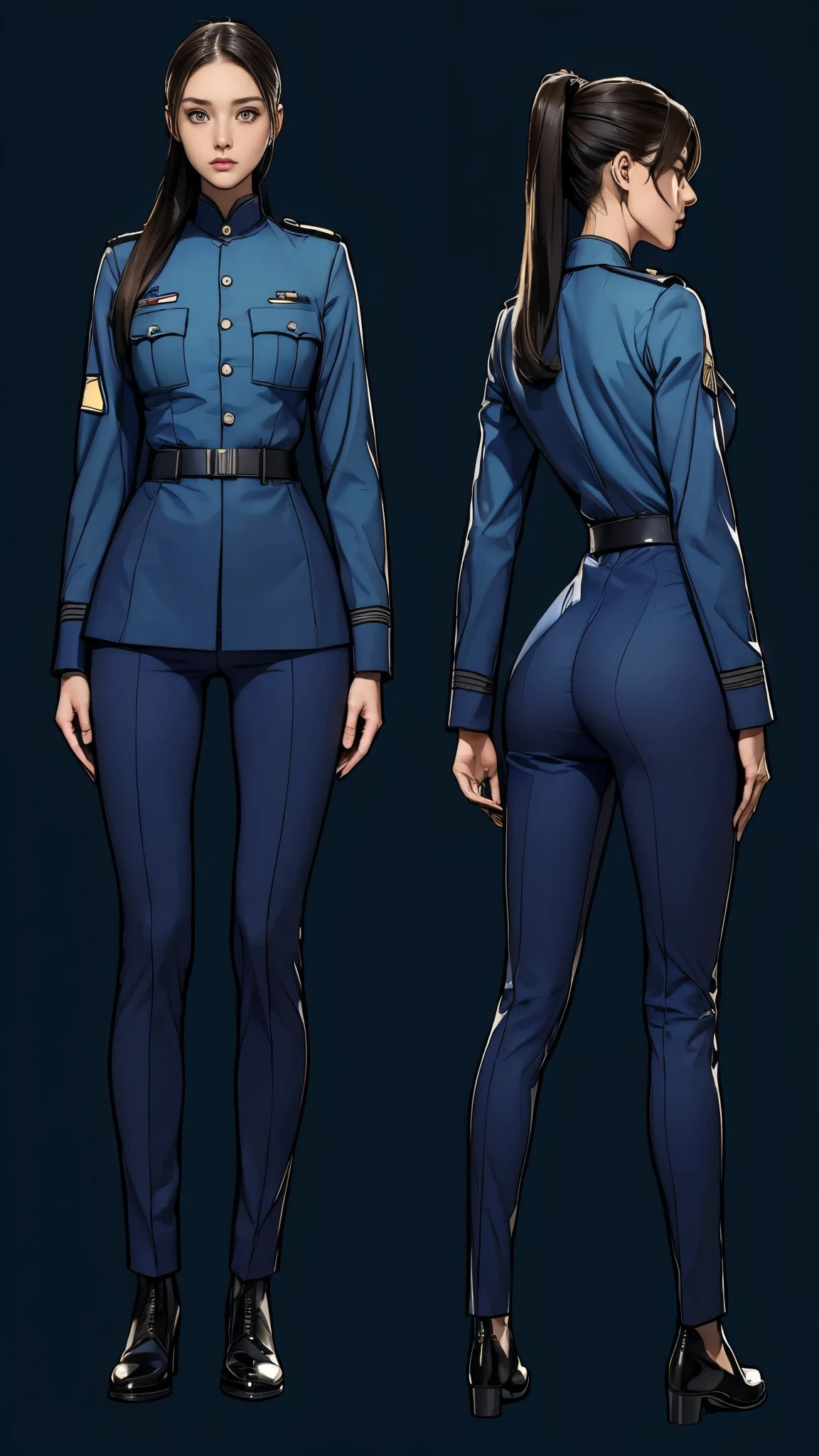 ((masterpiece)),(((highest quality))),((Reference Sheet, Character Design, front, return, ~ ~ side, Mr..々Hairstyle, Mr..々Performance, Facial Expressions)), 14-year-old girl, Cute type, (Very slim:1.4), (Very small ass:1.4), Realistic buttocks, (Big Breasts:1.3), Short Bob, Thin thighs, Long legs, It's not a big deal,(A female Earth Federation officer is walking), (Wearing Earth Federation military uniform, Dark blue and light blue military uniforms),(Worn by federal government employees&#39;White Hat:1.5)