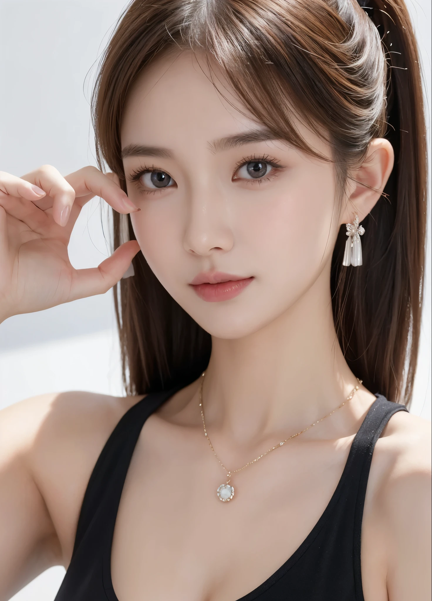 1 girl, National Foundation, (White background), ((8K, Raw, masterpiece: 1.4)), (Professional shooting, sharp:1.2), ((Portrait shoot)), Perfect dynamic composition, (Natural sunlight), (Soft shadows), (Perfect body:1.4, Slim abs:1.2), ((Random Female Hairstyles:1.2, Huge breasts:1.1)), Zhongchanghai, Extremely detailed face and skin, Perfect Asia, White skin, (Delicate skin:1.3),(Latex leather:0.4), (Perfect and radiant skin:0.6), Bai Senai, Colleague students, 27 years old, fashion model, (Sexy casual), Showing cleavage, Blonde Hair, Light brown eyes, beautiful eyes, Round eyes, Pretty Face, blush, Glossy lips, High nose bridge, shiny eyes, Perfectly proportioned face, real moist skin, Exquisite expression, Smile at the camera, looking at camera, Exquisite expression, Elegant necklace, Elegant earrings, The Minimalists, walk