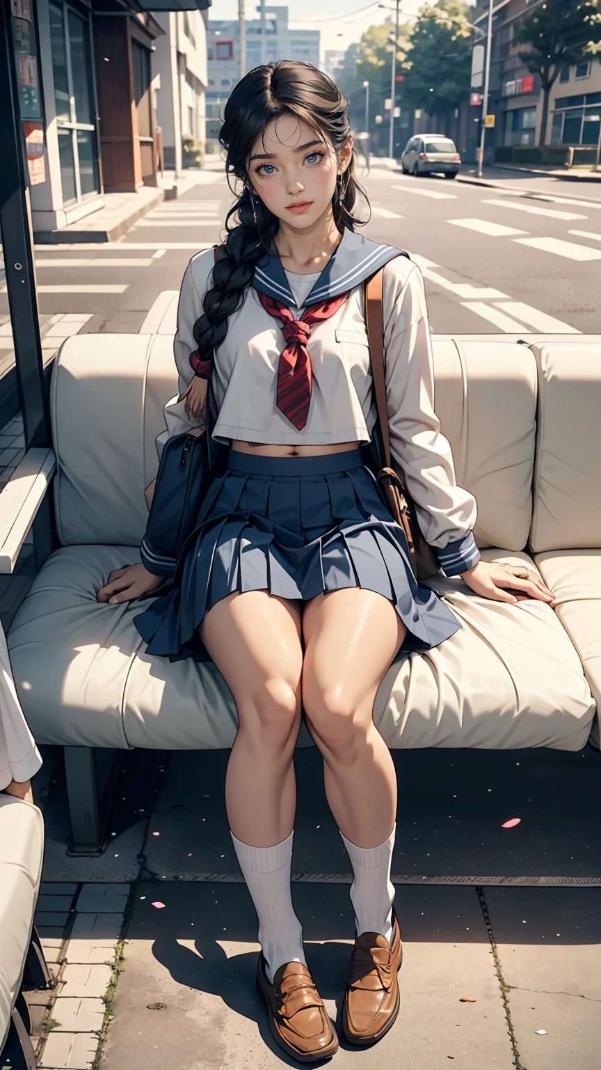 Japanese women、high school girl、White sailor suit summer uniform、Multi braid((multiple braids))、Navy low rise pleated skirt、I can see my belly button、White socks、loafers、Carrying a school bag、An old bus stop in front of a concrete embankment、Sitting on an old plastic couch
