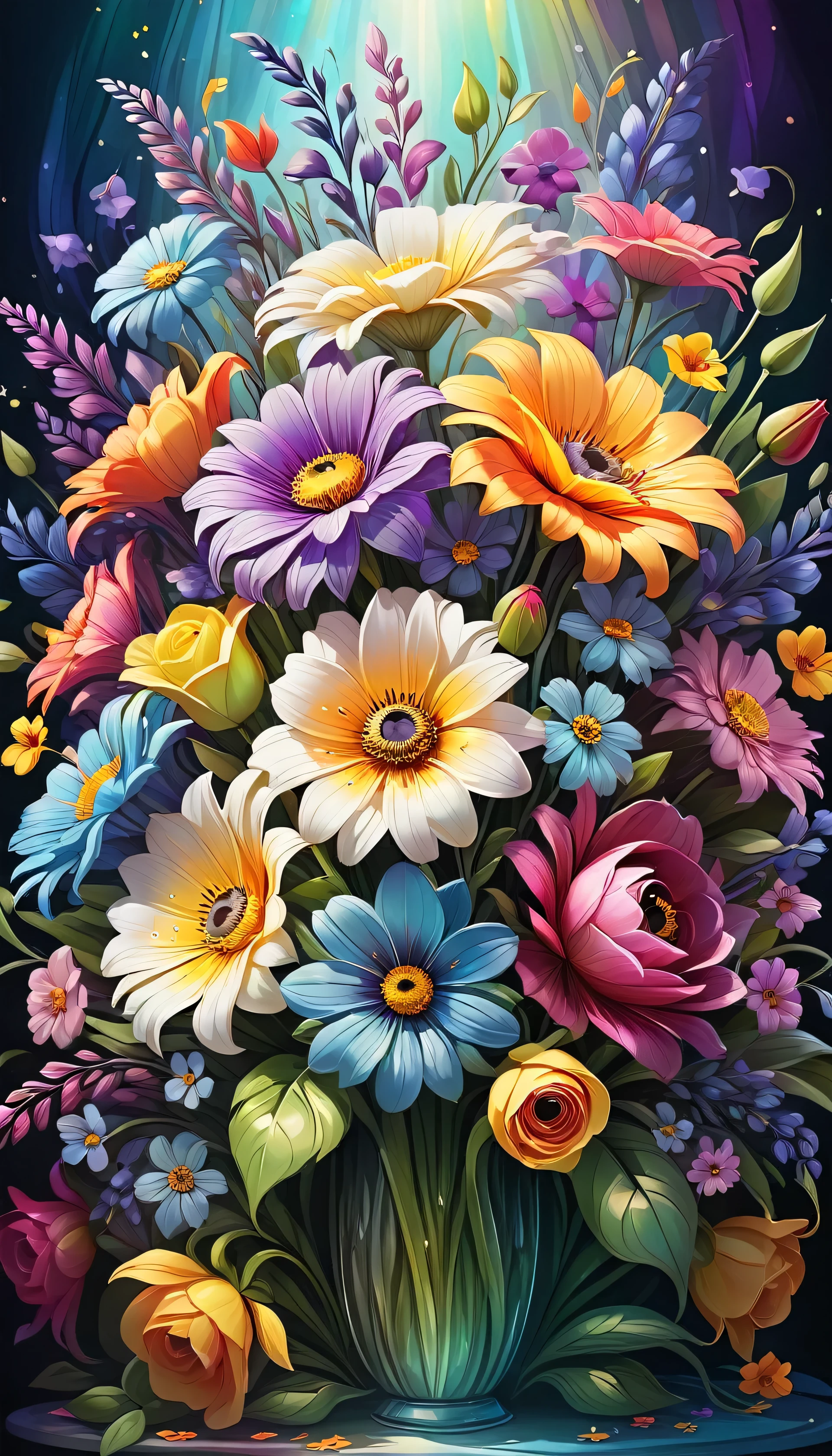 Colorful flowers bouquet illustration with details of each part of the flower in with dreamy lighting in the style of colorful fantasy realism