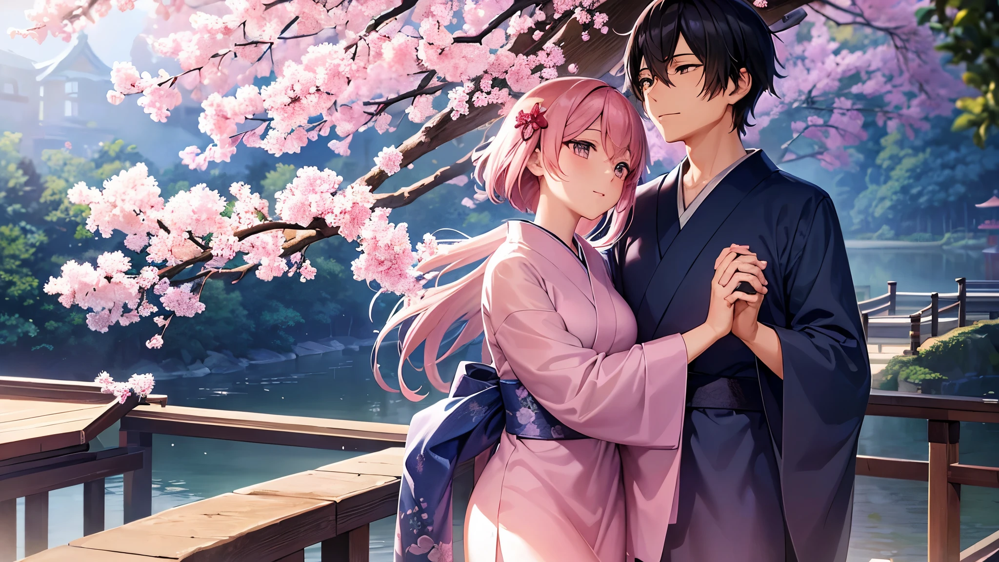 Create a high-resolution anime-style illustration featuring a romantic couple standing under a canopy of blooming cherry blossom trees in a serene park. The girl, with long, flowing hair and expressive eyes, wears a pastel-colored kimono with intricate floral patterns, while the boy, with a gentle expression and short hair, dons a deep blue yukata. They hold hands and gaze lovingly into each other's eyes as petals gently fall around them, creating a carpet of pink and white on the ground. The scene is bathed in the warm, golden light of the setting sun, with soft shadows and light flares adding to the magical atmosphere. In the background, a traditional Japanese bridge spans a tranquil pond, with a distant pagoda partially visible through the trees, enhancing the peaceful and romantic setting.