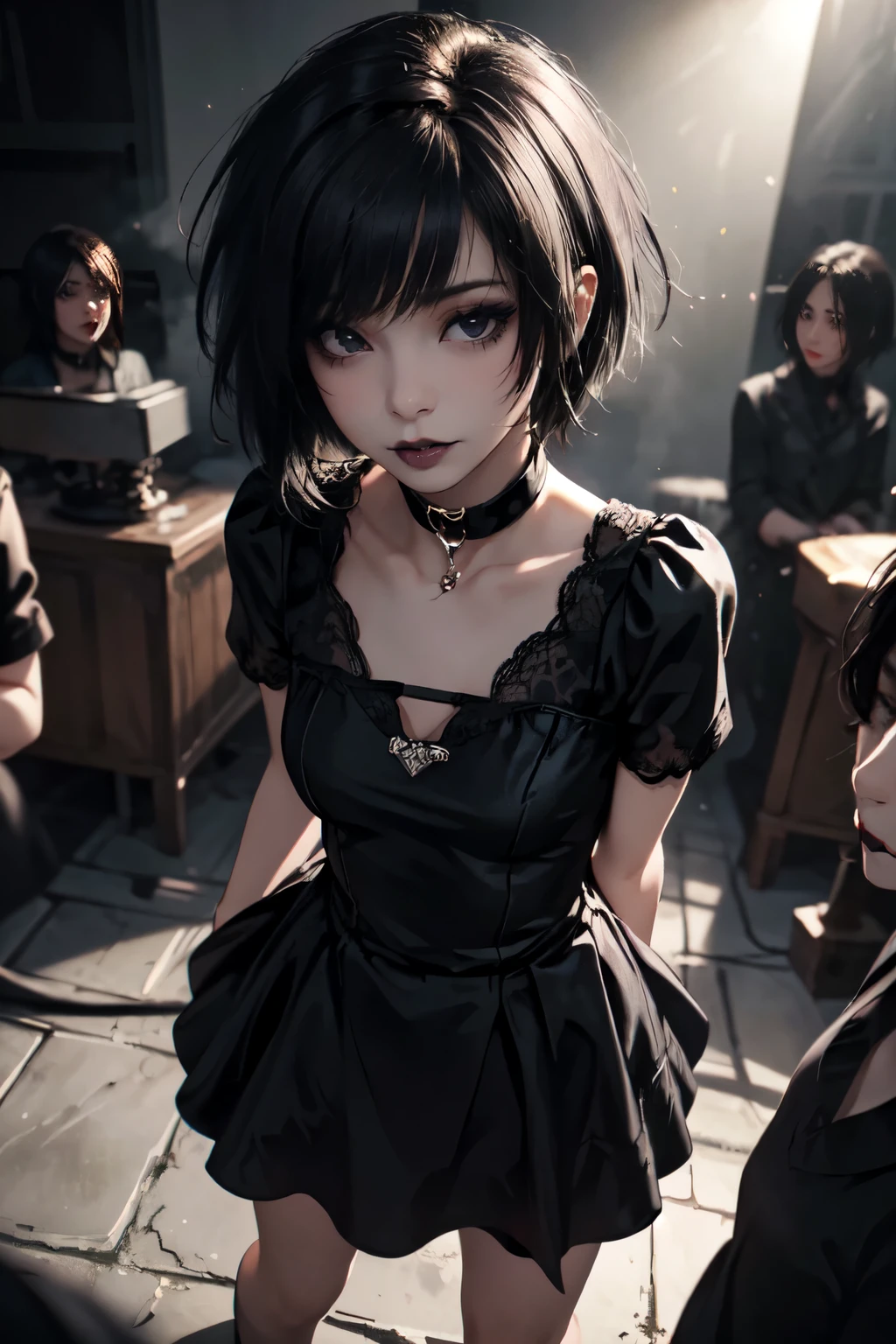 Girl, woman, emo_hairstyle, black lipstick, dog collar, eyeliner, eye shadow, smoky eyes, realistic lighting, short hair, standing up, party dress.