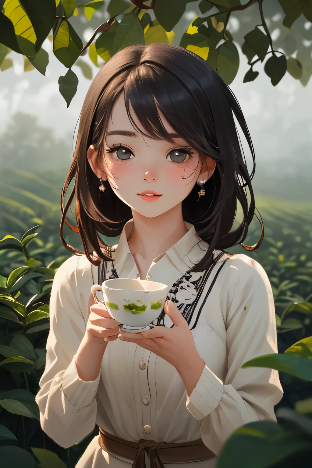 a young girl in a tea field, drinking tea , 8k, photorealistic, beautiful detailed eyes, beautiful detailed lips, extremely detailed face and skin, intricate details, vibrant colors, natural lighting, pastoral, serene, tranquil, cozy, cute, adorable, kawaii