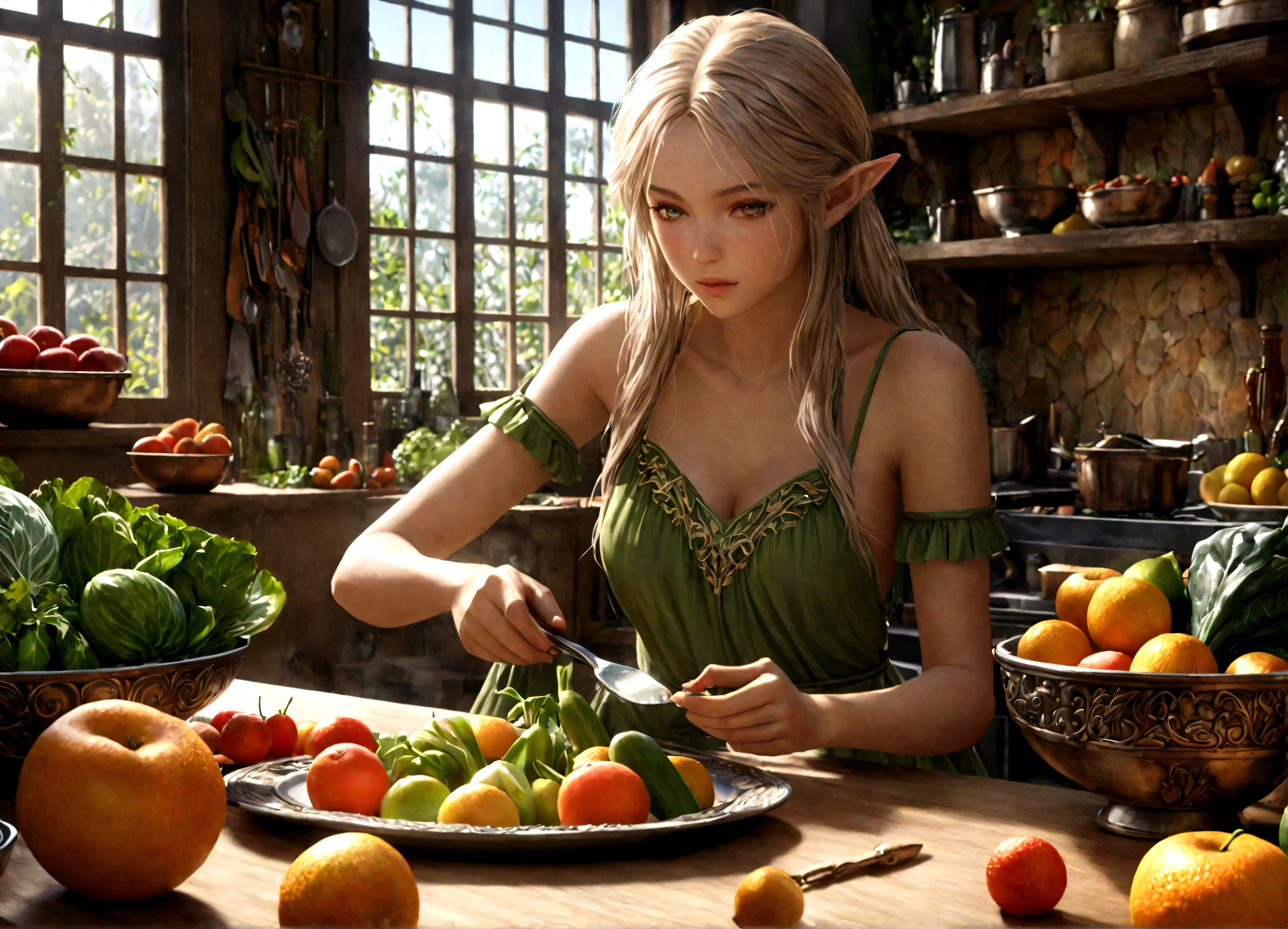 a lean gorgeous elf woman, long hair, sheer slip, working in an elven ornate kitchen, carefully carving fruits and vegetables into a delicate petite meal, (best quality,4k,8k,highres,masterpiece:1.2),ultra-detailed,(realistic,photorealistic,photo-realistic:1.37),HDR,UHD,studio lighting,ultra-fine painting,sharp focus,physically-based rendering,extreme detail description,professional,vivid colors,fantasy,concept art,warm lighting,natural colors