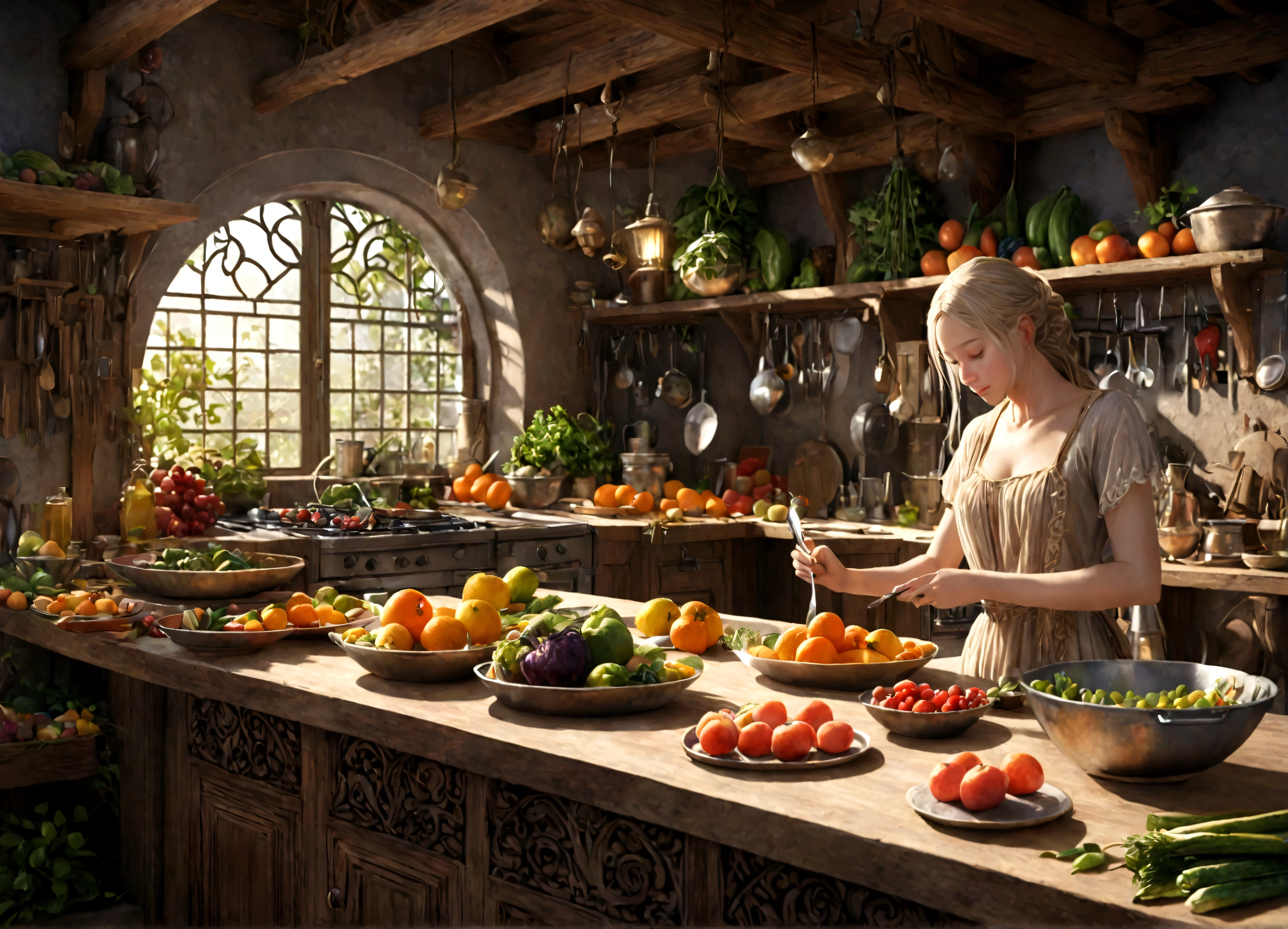 a lean gorgeous elf woman, long hair, sheer slip, working in an elven ornate kitchen, carefully carving fruits and vegetables into a delicate petite meal, (best quality,4k,8k,highres,masterpiece:1.2),ultra-detailed,(realistic,photorealistic,photo-realistic:1.37),HDR,UHD,studio lighting,ultra-fine painting,sharp focus,physically-based rendering,extreme detail description,professional,vivid colors,fantasy,concept art,warm lighting,natural colors