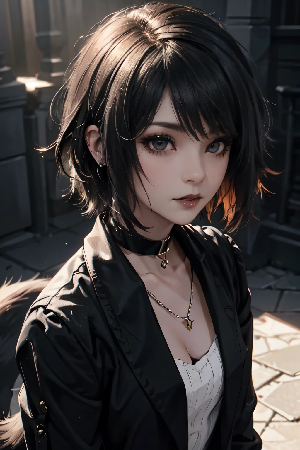 Girl, woman, emo_hairstyle, black lipstick, dog collar, eyeliner, eye shadow, smoky eyes, realistic lighting, short hair, standing up, rich girl, bourgeois, billionaire, fancy.