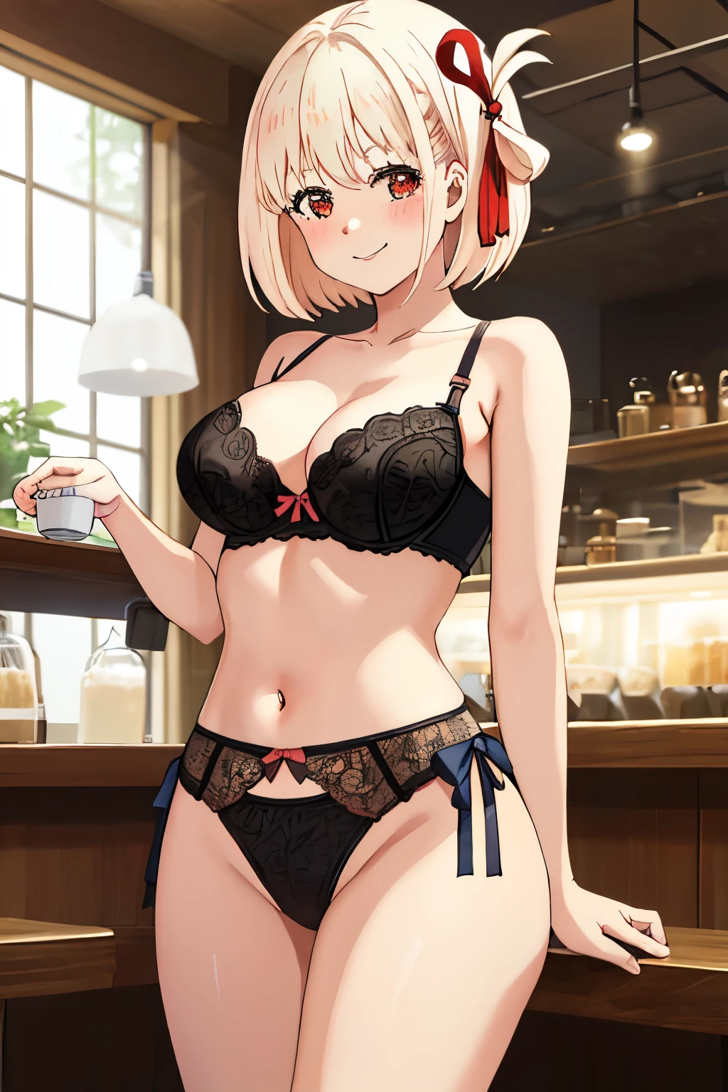 best quality, masterpiece, highres, solo, {nishikigi_chisato_lycorisrecoil:1.15}, short_hair, bangs, blonde_hair, red_eyes, hair_ribbon, bob_cut, 1girl, looking_at_viewer, parody, bra, lingerie, panties, big , cafe, nude, blush, smile, thick thighs