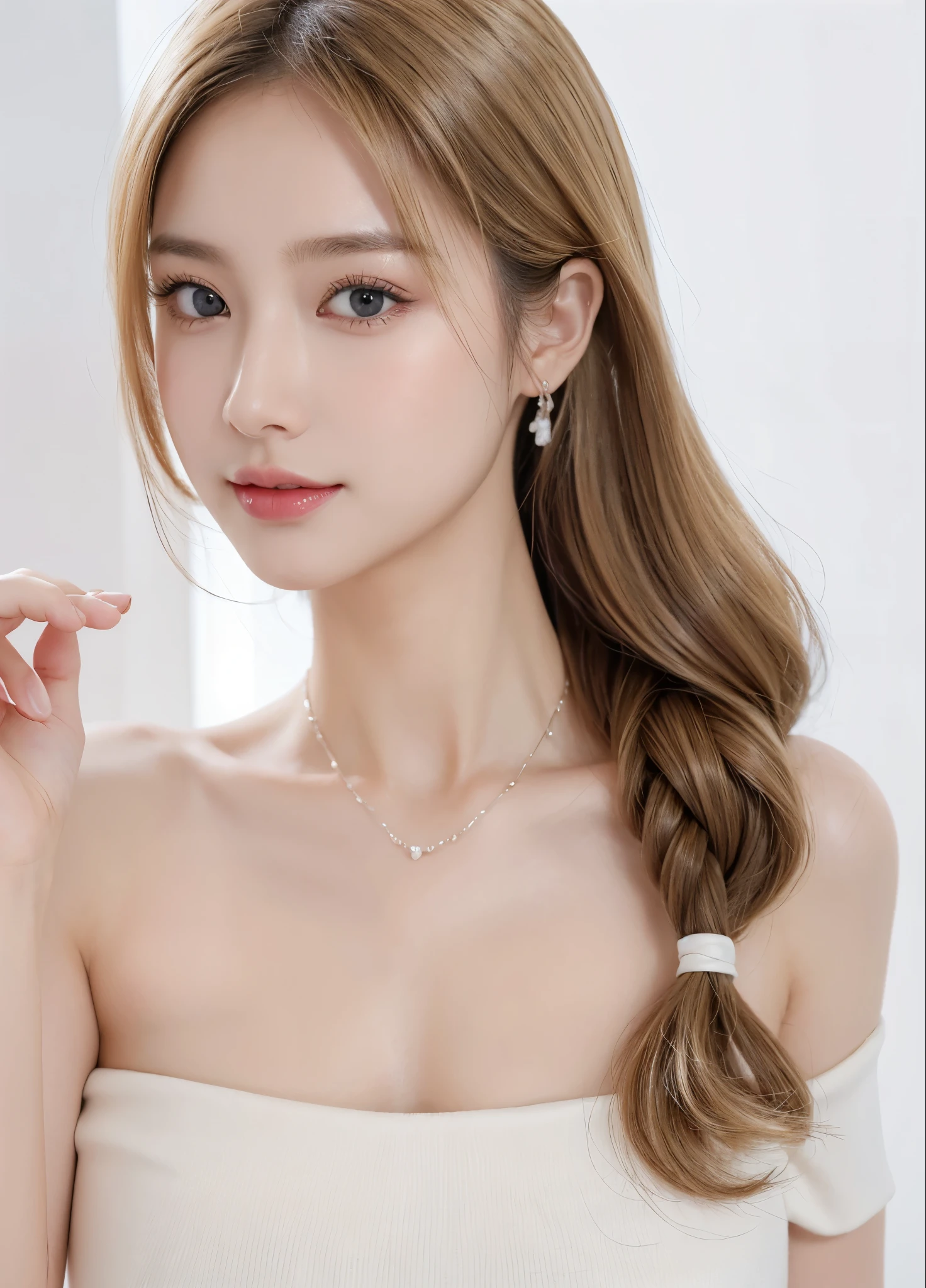 1 girl, National Foundation, (White background), ((8K, Raw, masterpiece: 1.4)), (Professional shooting, sharp:1.2), ((Portrait shoot)), Perfect dynamic composition, (Natural sunlight), (Soft shadows), (Perfect body:1.4, Slim abs:1.2), ((Random Female Hairstyles:1.2, Huge breasts:1.1)), Zhongchanghai, Extremely detailed face and skin, Perfect Asia, White skin, (Delicate skin:1.3),(Latex leather:0.4), (Perfect and radiant skin:0.6), Bai Senai, Colleague students, 27 years old, fashion model, (Sexy casual), Showing cleavage, Blonde Hair, Light brown eyes, beautiful eyes, Round eyes, Pretty Face, blush, Glossy lips, High nose bridge, shiny eyes, Perfectly proportioned face, real moist skin, Exquisite expression, Smile at the camera, looking at camera, Exquisite expression, Elegant necklace, Elegant earrings, The Minimalists, walk
