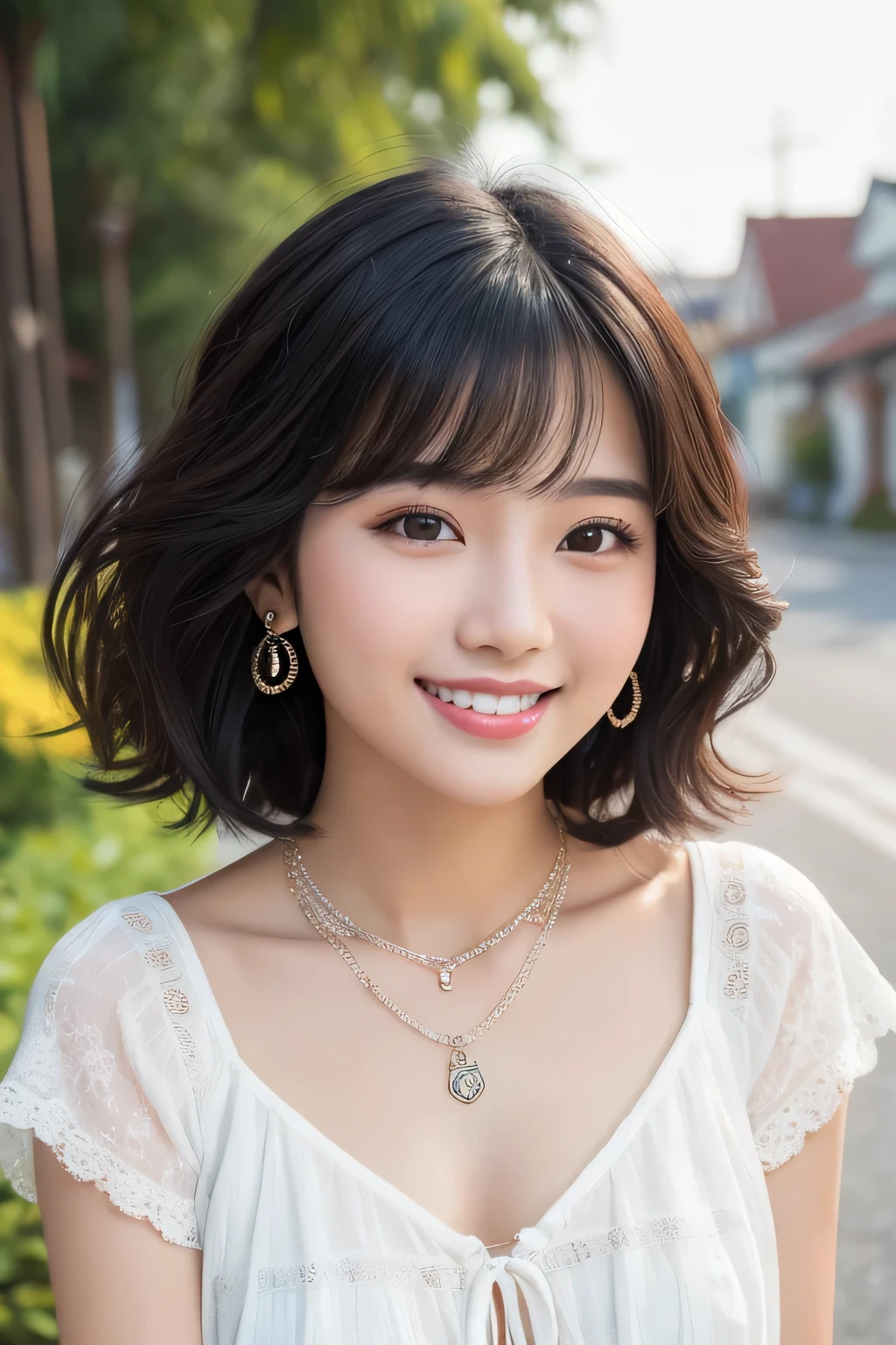 Beautiful young woman of the year、 Southeast Asian women、Black Hair、Wavy Hair、short hair、ear piercing、Necklace around the neck、blouse、smile, Beautiful teeth alignment、Intricate details, Very detailed:1.2), 、 Looking into the camera,The background is the town

