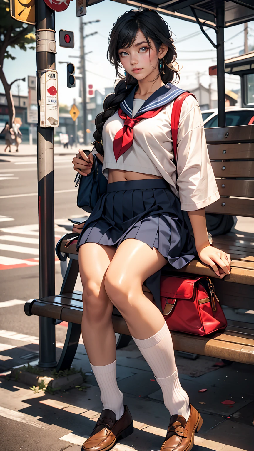 Japanese women、high school girl、White sailor suit summer uniform、Multi braid((multiple braids))、Navy low rise pleated skirt、I can see my belly button、White socks、loafers、Carrying a school bag、An old bus stop in front of a concrete embankment、Sitting on an old plastic couch