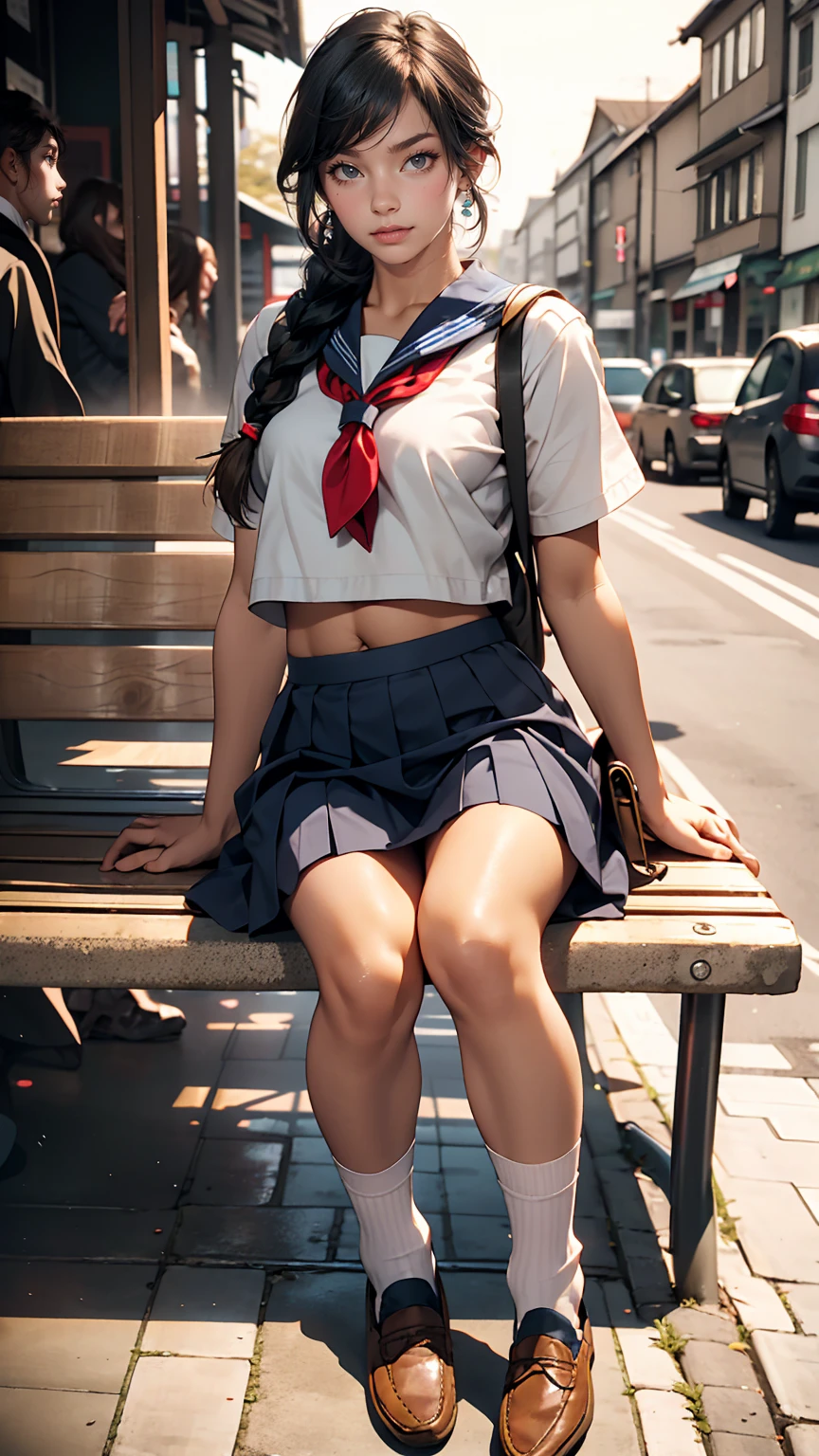 Japanese women、high school girl、White sailor suit summer uniform、Multi braid((multiple braids))、Navy low rise pleated skirt、I can see my belly button、White socks、loafers、Carrying a school bag、An old bus stop in front of a concrete embankment、Sitting on an old plastic couch