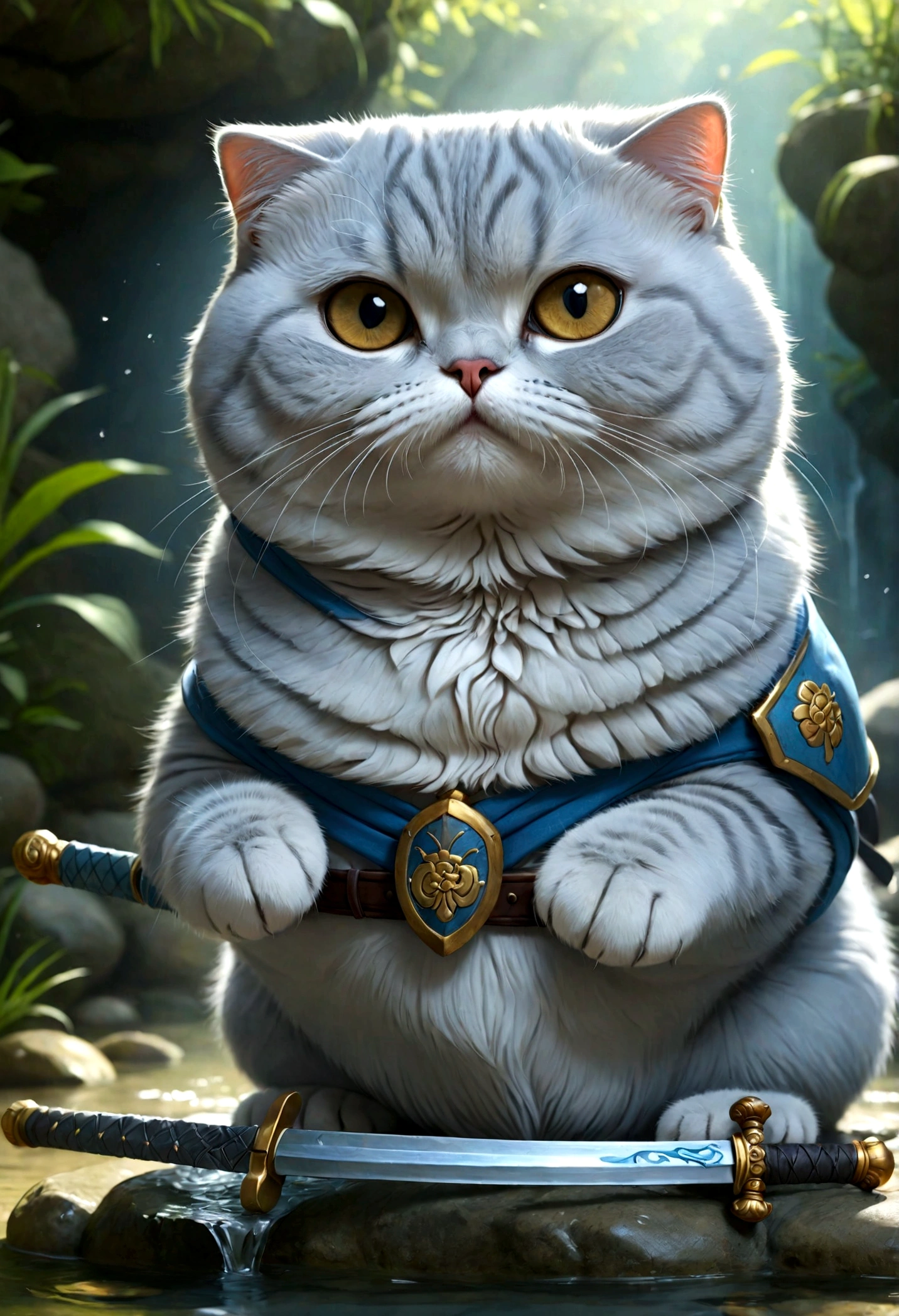 cute adorable Scottish fold lightblue fat cat with three sword, at hot spring, write word "UNC" on forehead, adorable digital painting, realistic fantasy art, beautiful digital art