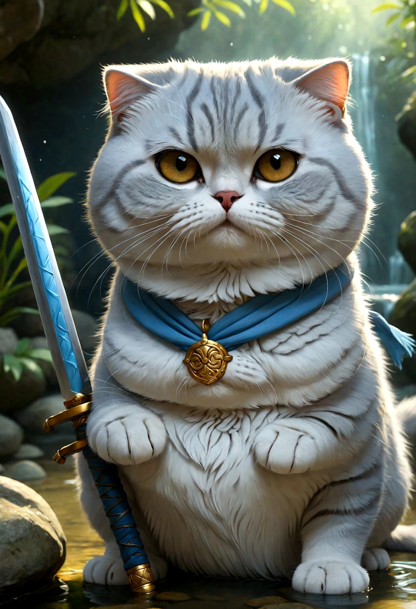 cute adorable Scottish fold lightblue fat cat with three sword, at hot spring, write word "UNC" on forehead, adorable digital painting, realistic fantasy art, beautiful digital art