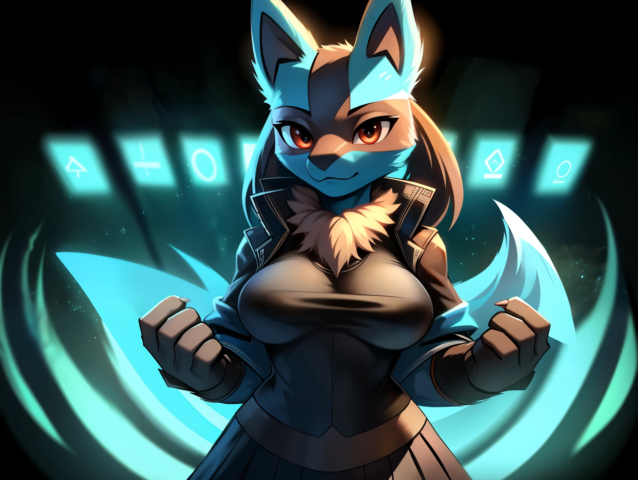 ((lucario)), ((solo)) wolf, blue fur, spikes, breasts, ((Black undershirt)), ((blue open jacket)), black skirt, ((blue runic symbol background)), Very good figure, best quality, highres, 16k, Natural soft light, Tyndall effect, Advanced film lighting, Unreal Engine5, Extremely realistic, A high resolution, perfect masterpiece, high quality, high resolution