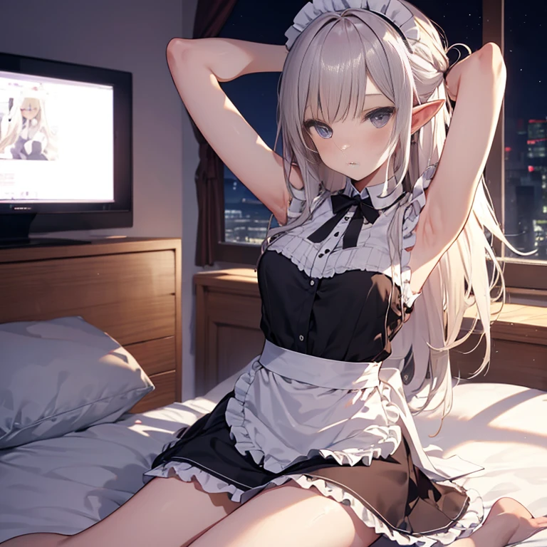 A maids, (in bedroom), various hair styles, night, details face, short skirt, seducing, sleeveless, maid uniform, armpits, elf, on bed