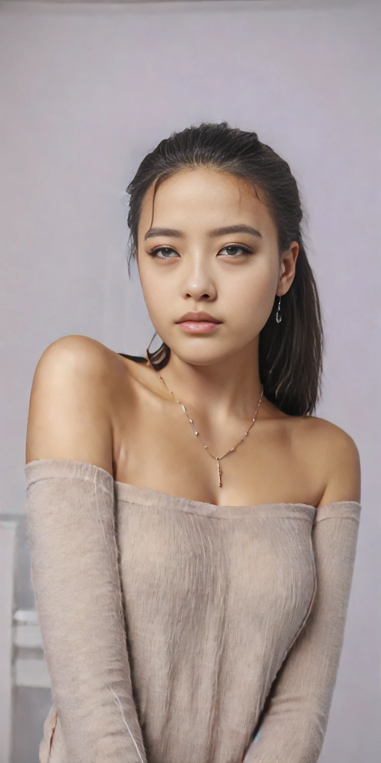 1girl in, age19, Solo, Long hair, Colossal , Looking at Viewer, blond hair, Bare shoulders, Brown eyes, jewelry, Full body, a necklace, off shoulders, Sweaters, Realistic, A sexy