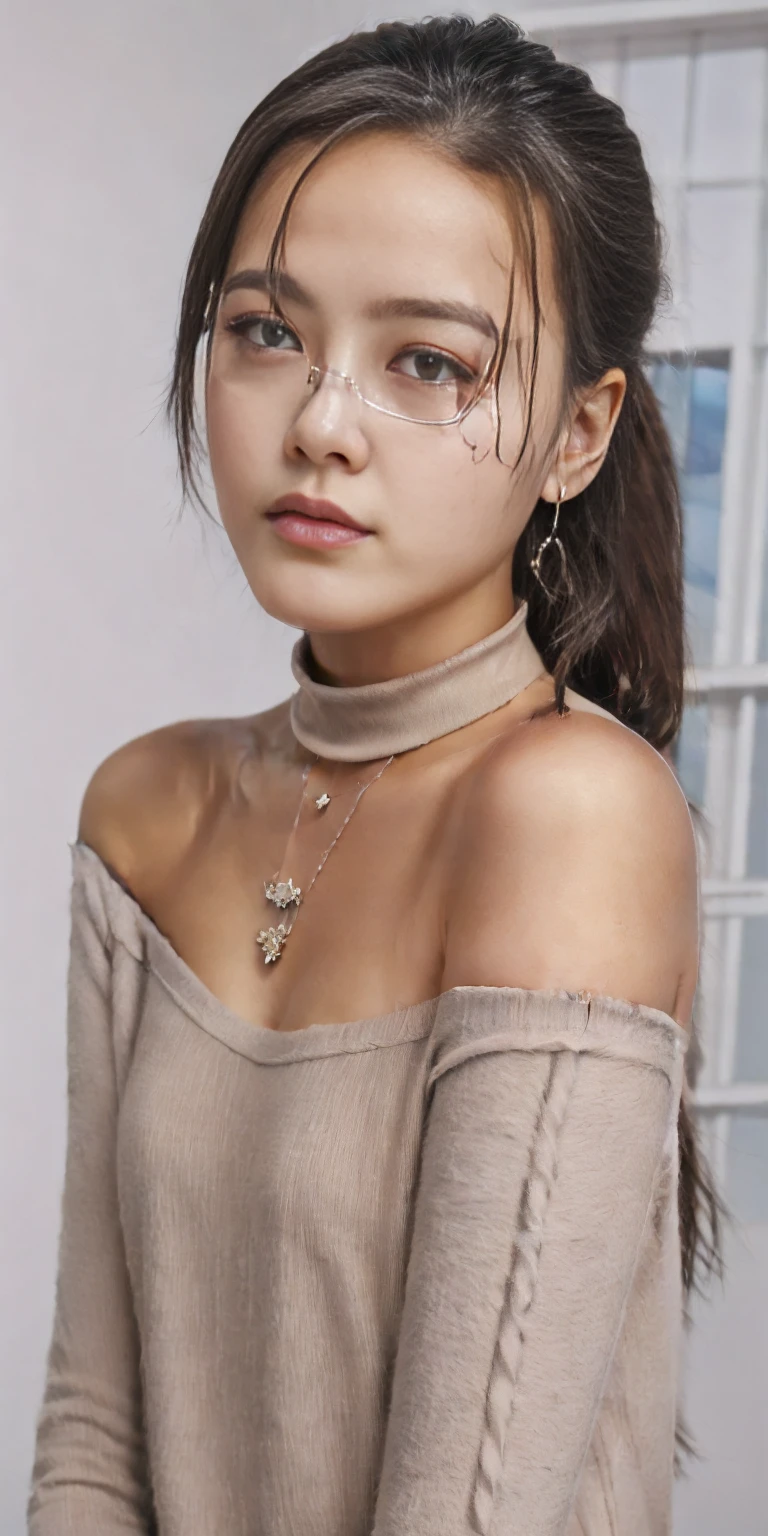 1girl in, age19, Solo, Long hair, Colossal , Looking at Viewer, blond hair, Bare shoulders, Brown eyes, jewelry, Full body, a necklace, off shoulders, Sweaters, Realistic, A sexy