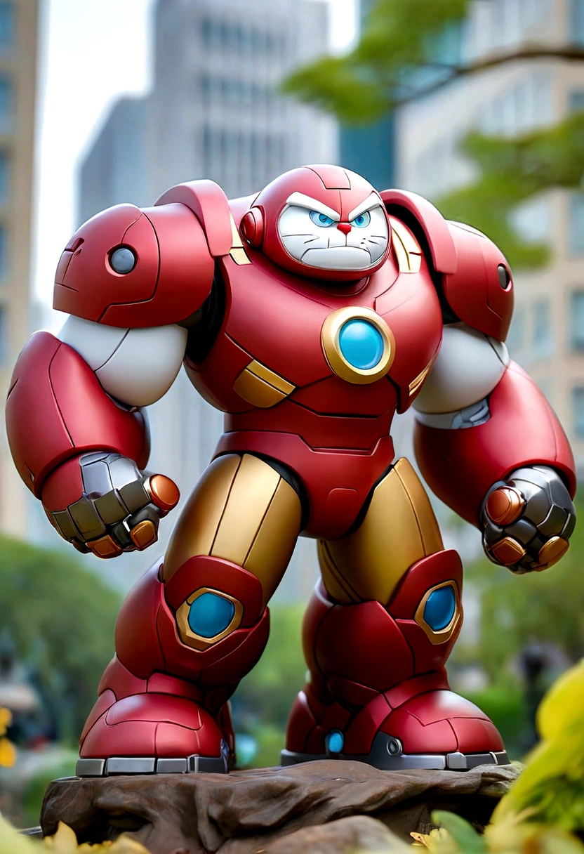 a doraemon x hulkbuster  figure, mobile legend hero, wear dirty cloak, IN THE CITY PARK, black steel mecha accent, hero pose, bird eye view, holding a sword, dieter ram style, trees