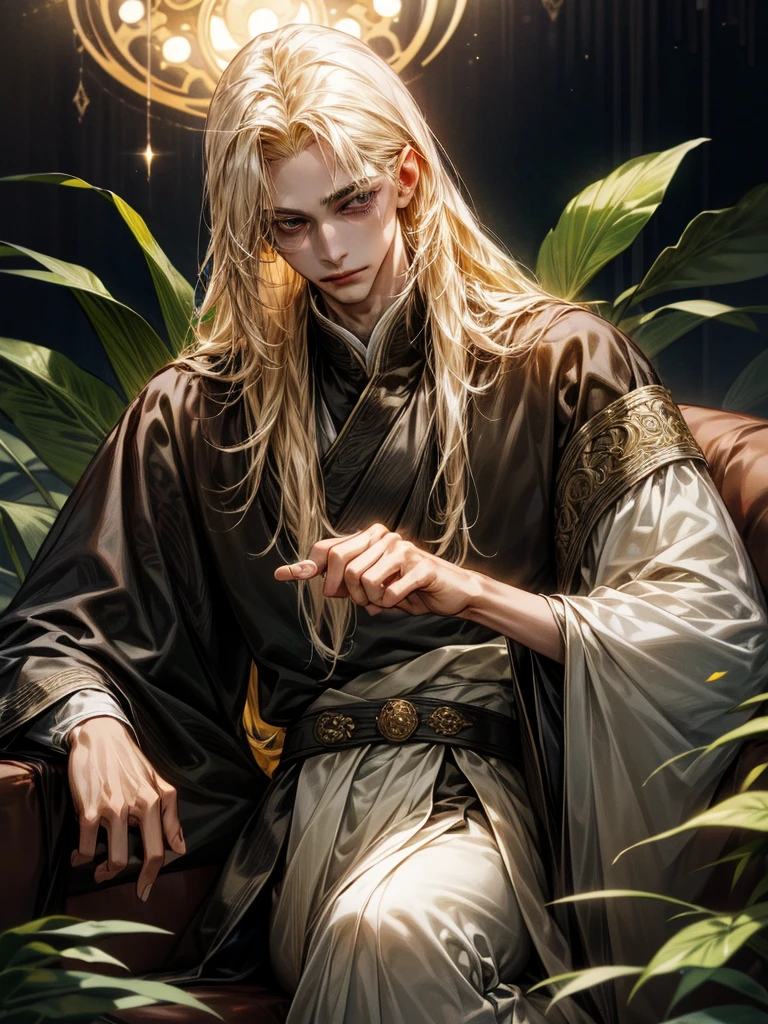 One Handsome male, long blonde hair, sleek body, small waist.
Fine eyes and detailed fine face.
Silk and jewerly ( diamonds, safires, rubies and gold) on his intricate and lusciously detailed hanfu clothing. Jewerly belt around waist.
Posing seductively on a couch.
Flowers and plants around him.
Cinematic lighting effects
Masterpiece Artwork
AbsurdRes
High Definition level of art style
HDR