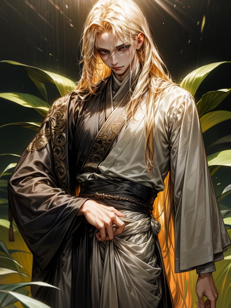 One Handsome male, long blonde hair, sleek body, small waist.
Fine eyes and detailed fine face.
Silk and jewerly ( diamonds, safires, rubies and gold) on his intricate and lusciously detailed hanfu clothing. Jewerly belt around waist.
Posing seductively on a couch.
Flowers and plants around him.
Cinematic lighting effects
Masterpiece Artwork
AbsurdRes
High Definition level of art style
HDR